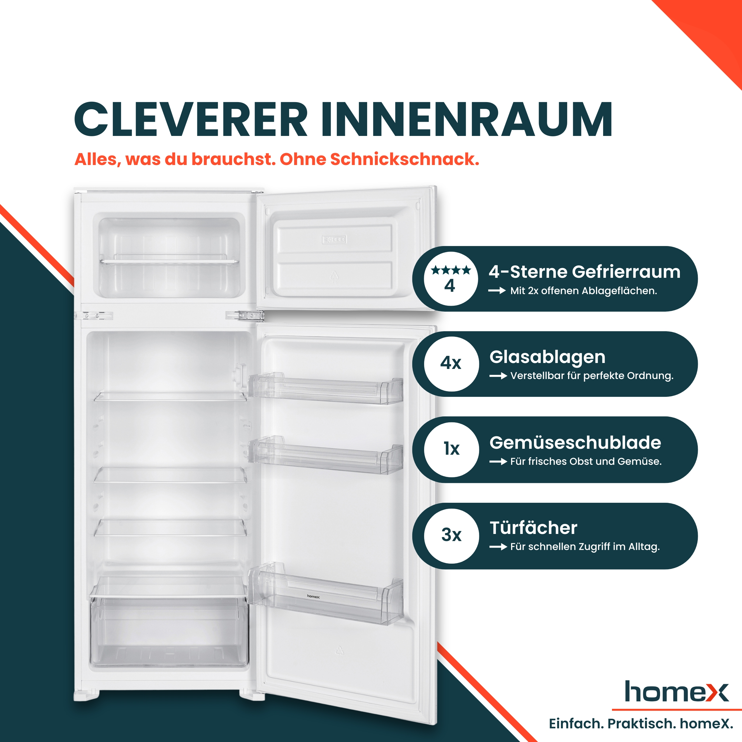 Ein weißer Kühlschrank mit offenem Fach, Glasablagen, Gemüseschublade und Türfächern.