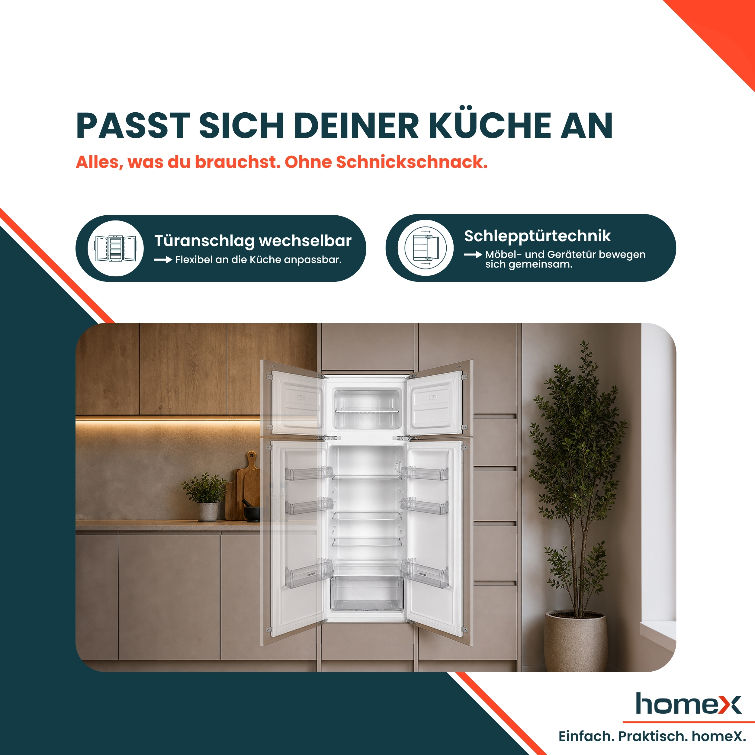Ein moderner Kühlschrank mit offenen Türen in einer stilvollen Küche. Mit Text über Türanschlag und Schlepptürtechnik.