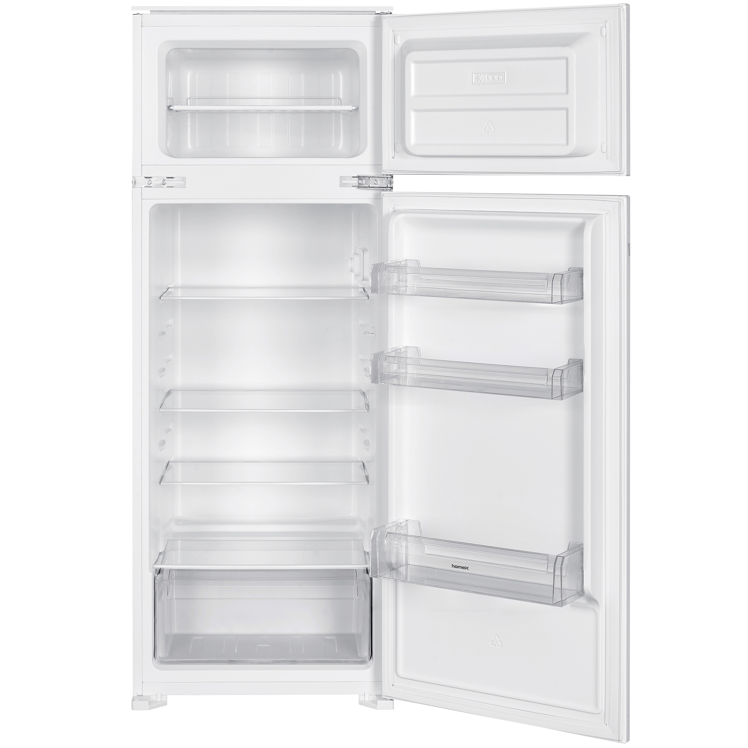 Ein offener weißer Kühlschrank mit vier Regalen und einer Schublade.