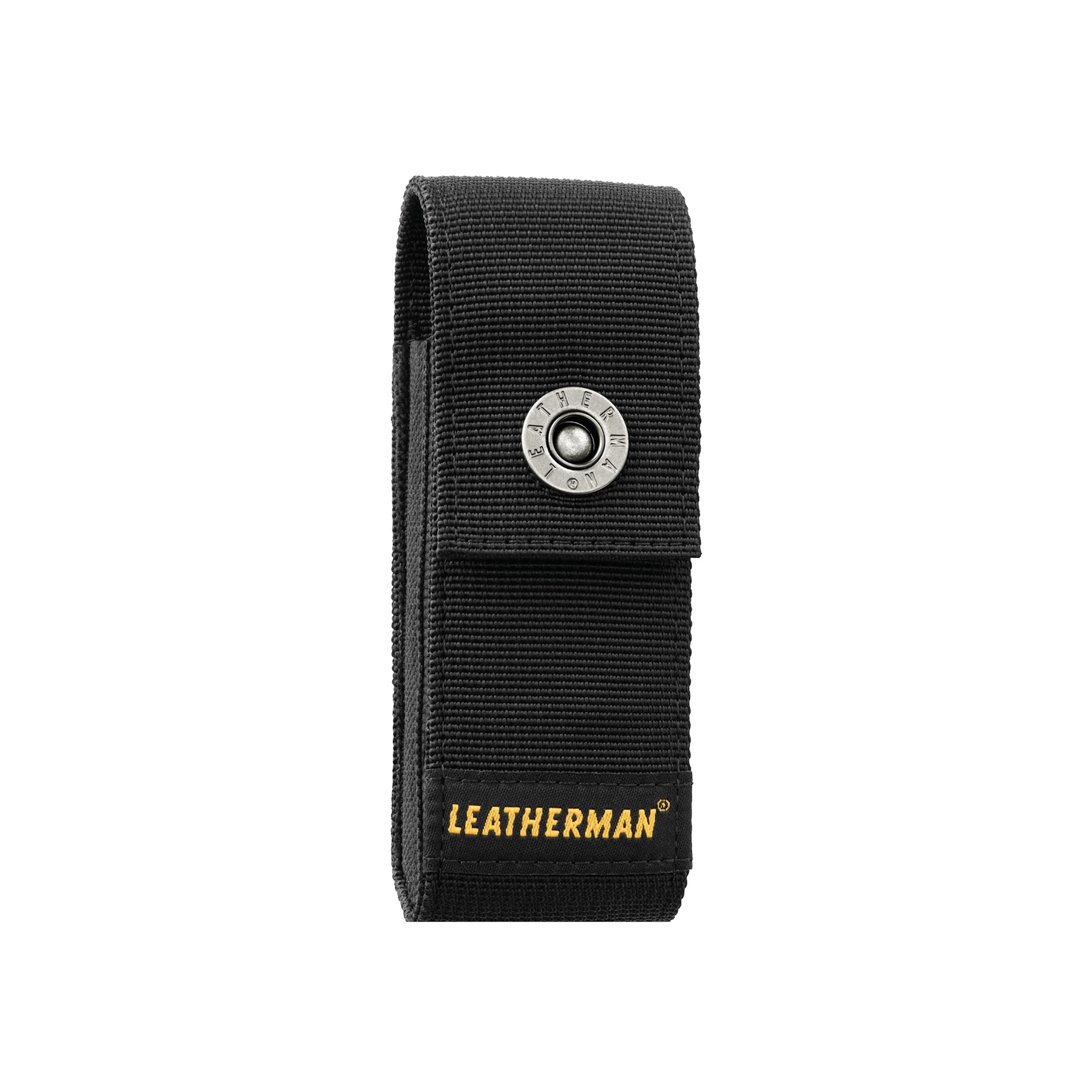 Schwarze Leatherman Werkzeugscheide mit Druckknopf und Logo.