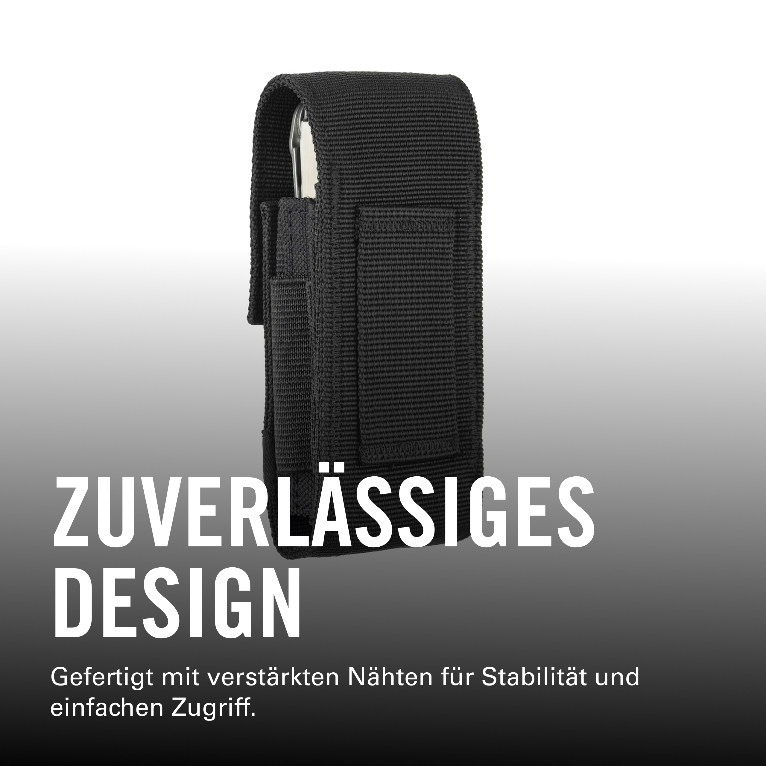 Schwarze Stofftasche mit Messer, stabile Nähte. ZUVERLÄSSIGES DESIGN.