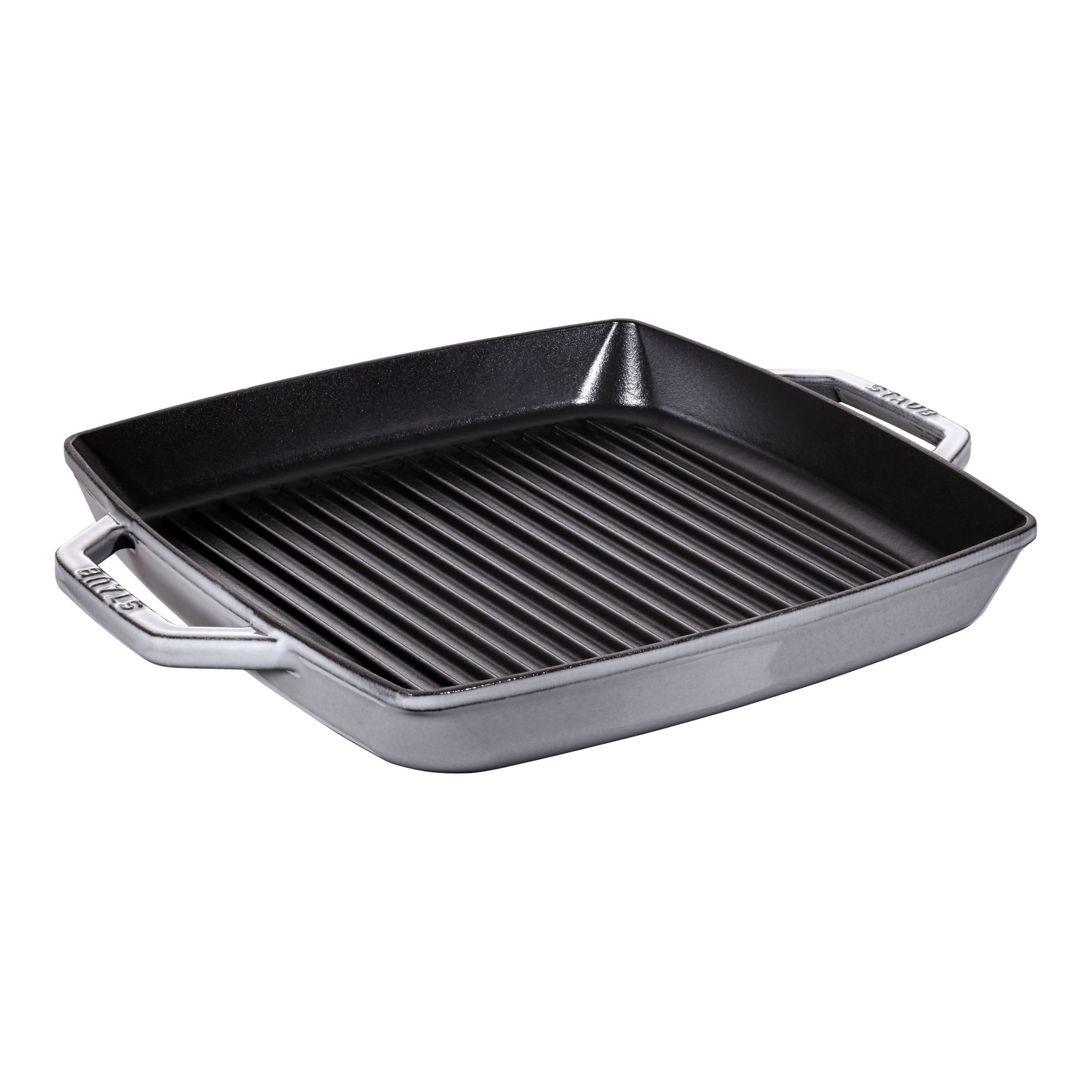 Graue Gusseisen-Grillpfanne mit Rillen und Griffen.
