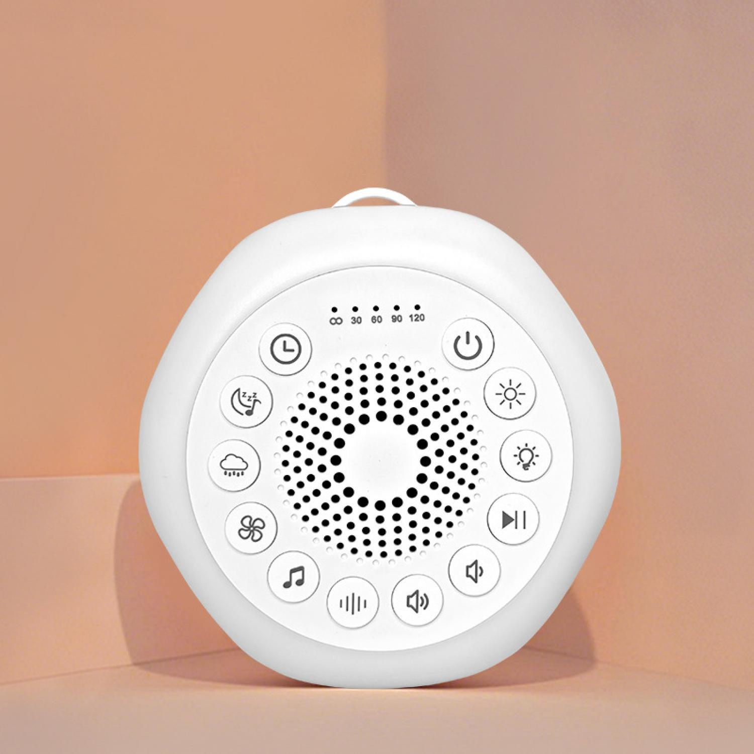 Weiße tragbare Soundmaschine mit Timer-, Licht- und Sound-Steuerungstasten.