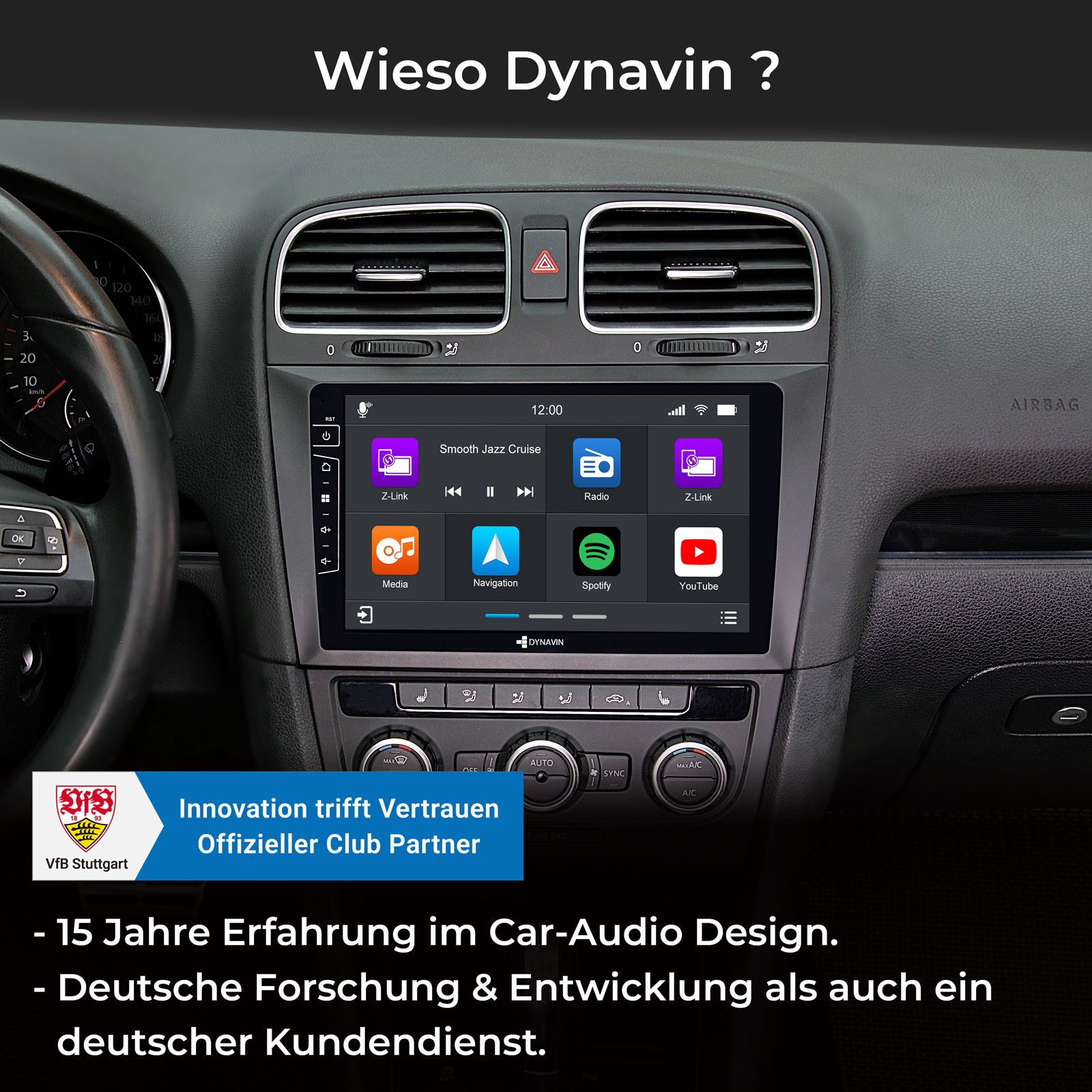 Autodashbord mit Dynavin Infotainment-Bildschirm, der Apps wie Spotify, YouTube zeigt.
