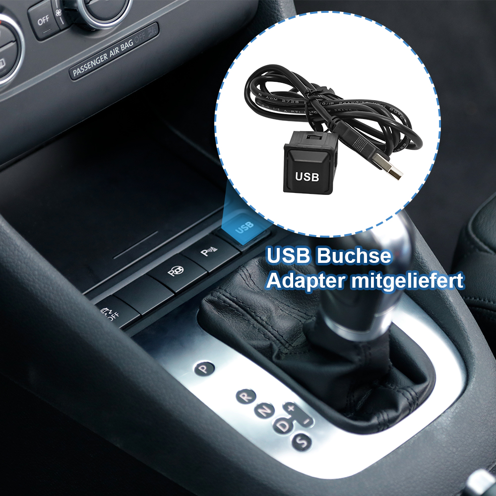 Ein USB-Adapter mit Kabel ist in einem Auto verbaut.