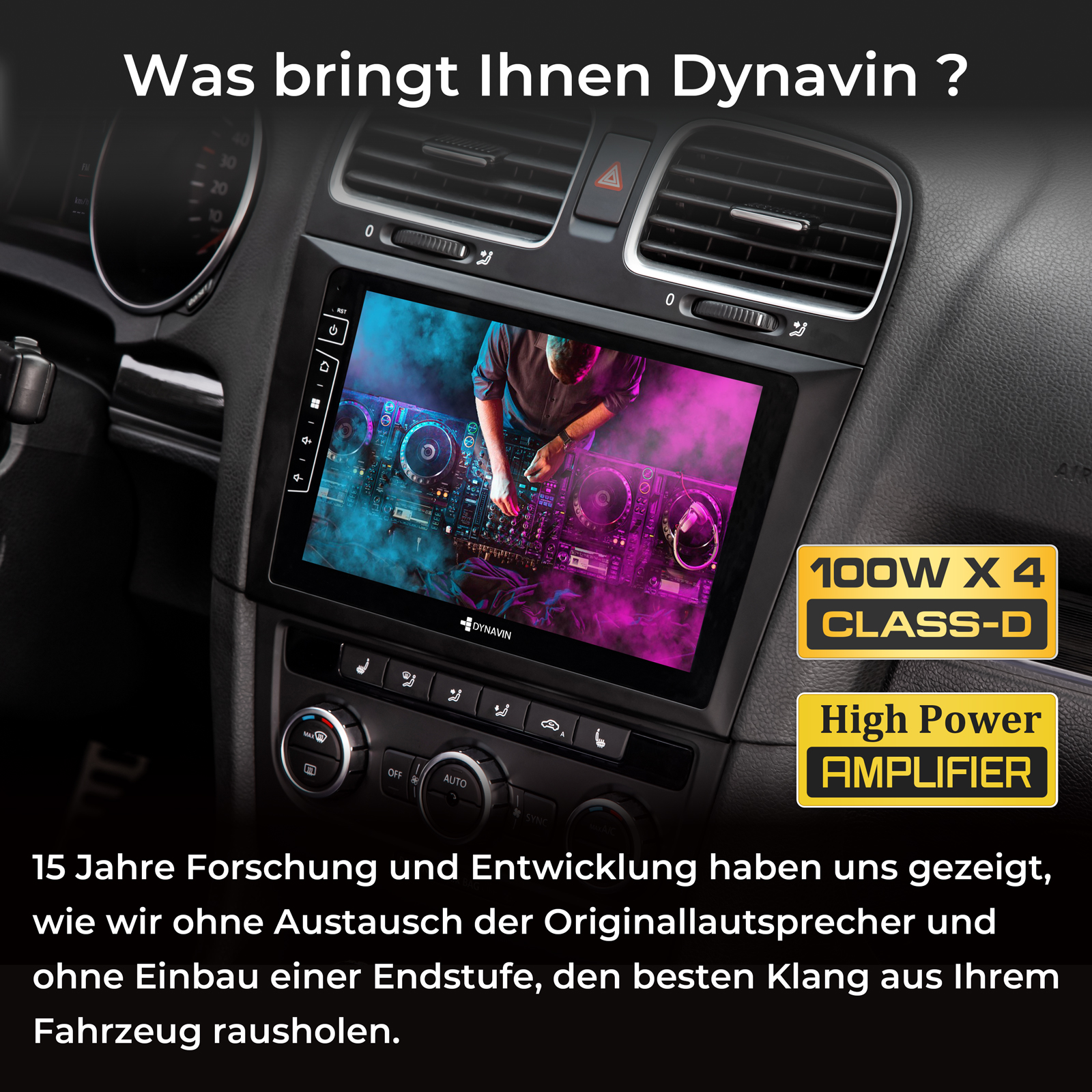 Ein Autoradio mit Bildschirm zeigt einen DJ, im Hintergrund sind Lüftungsschlitze.