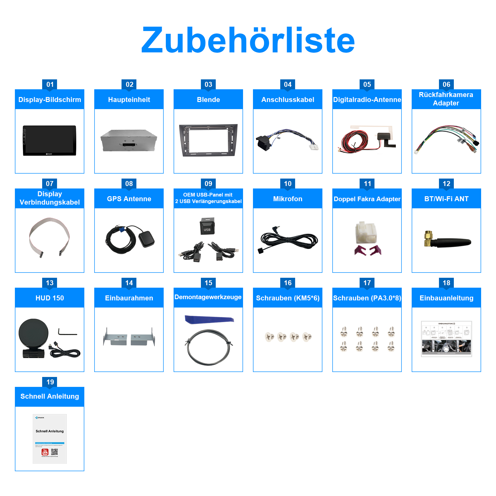 Übersicht verschiedener Autozubehörteile, darunter Bildschirme, Kabel, Antennen und Werkzeuge.