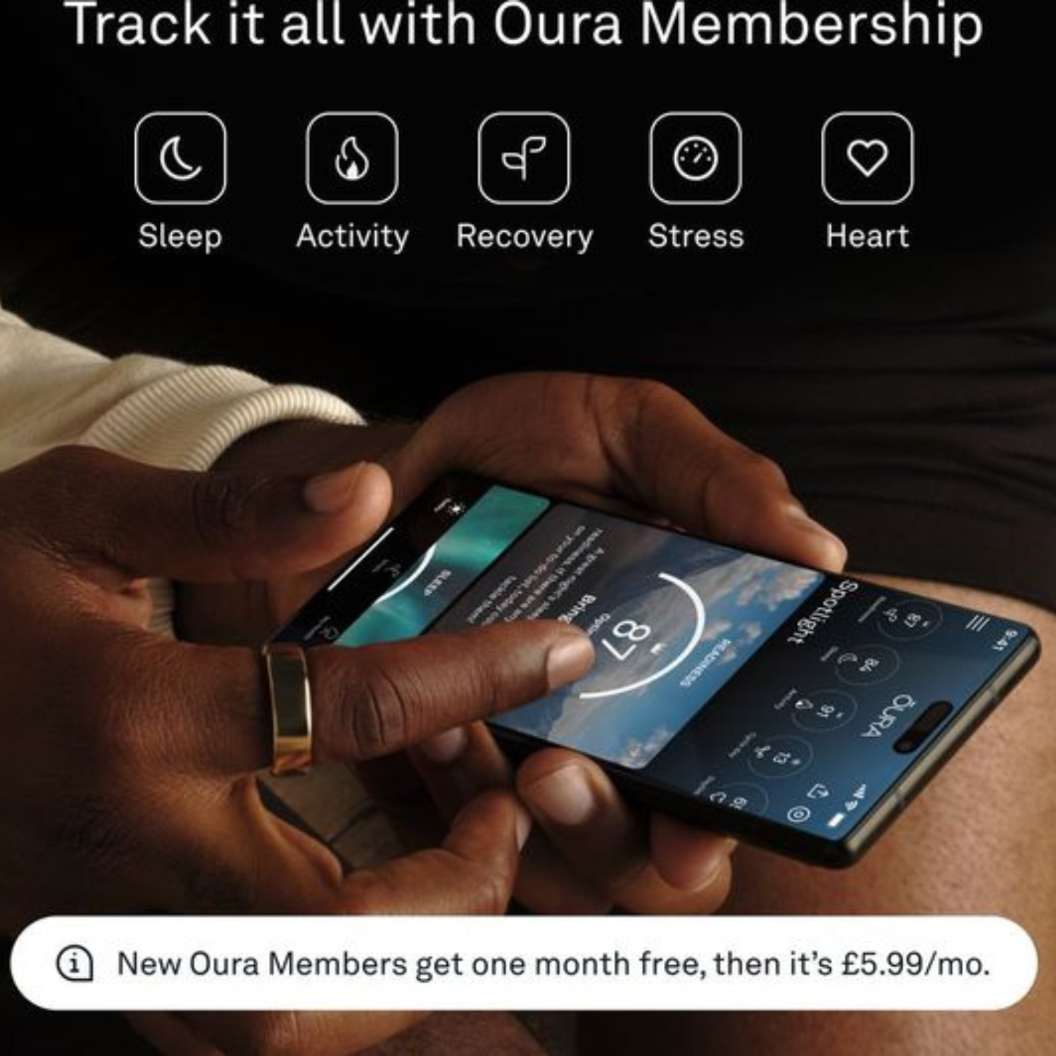 Hände tragen Oura Ring, benutzen Handy mit Oura App für Schlaf, Aktivität, Erholung, Stress, Herz.