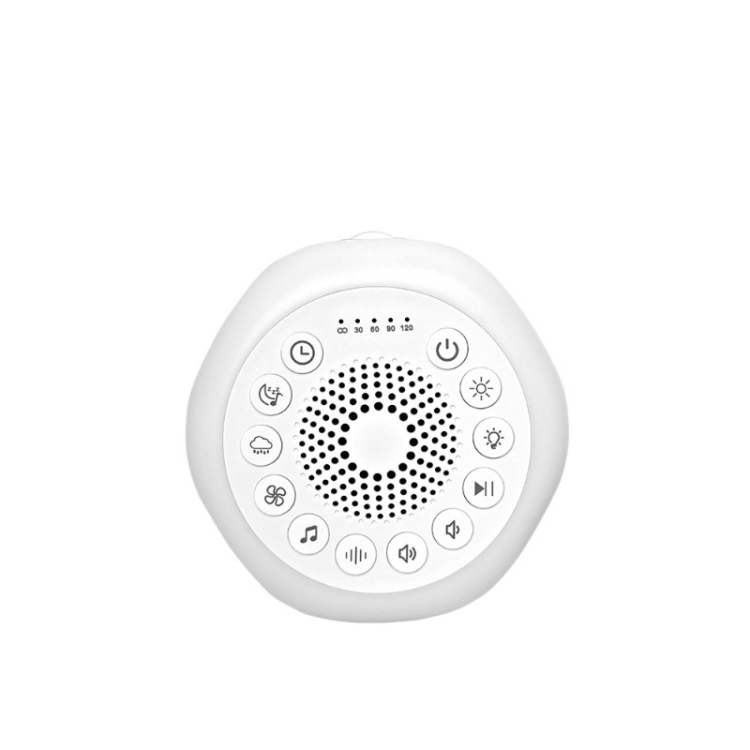 Ein weißes Gerät mit Knöpfen für Timer, Licht, Musik und Lautstärke.