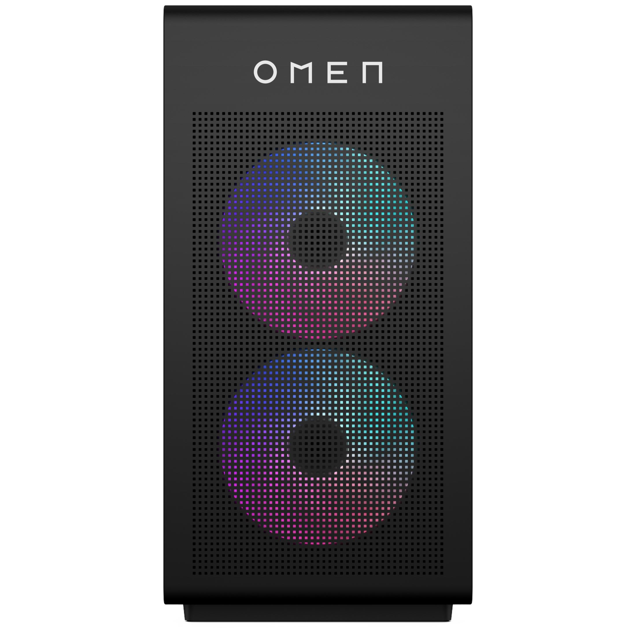 Zwarte pc-toren met OMEN-logo en twee verlichte ventilatoren.
