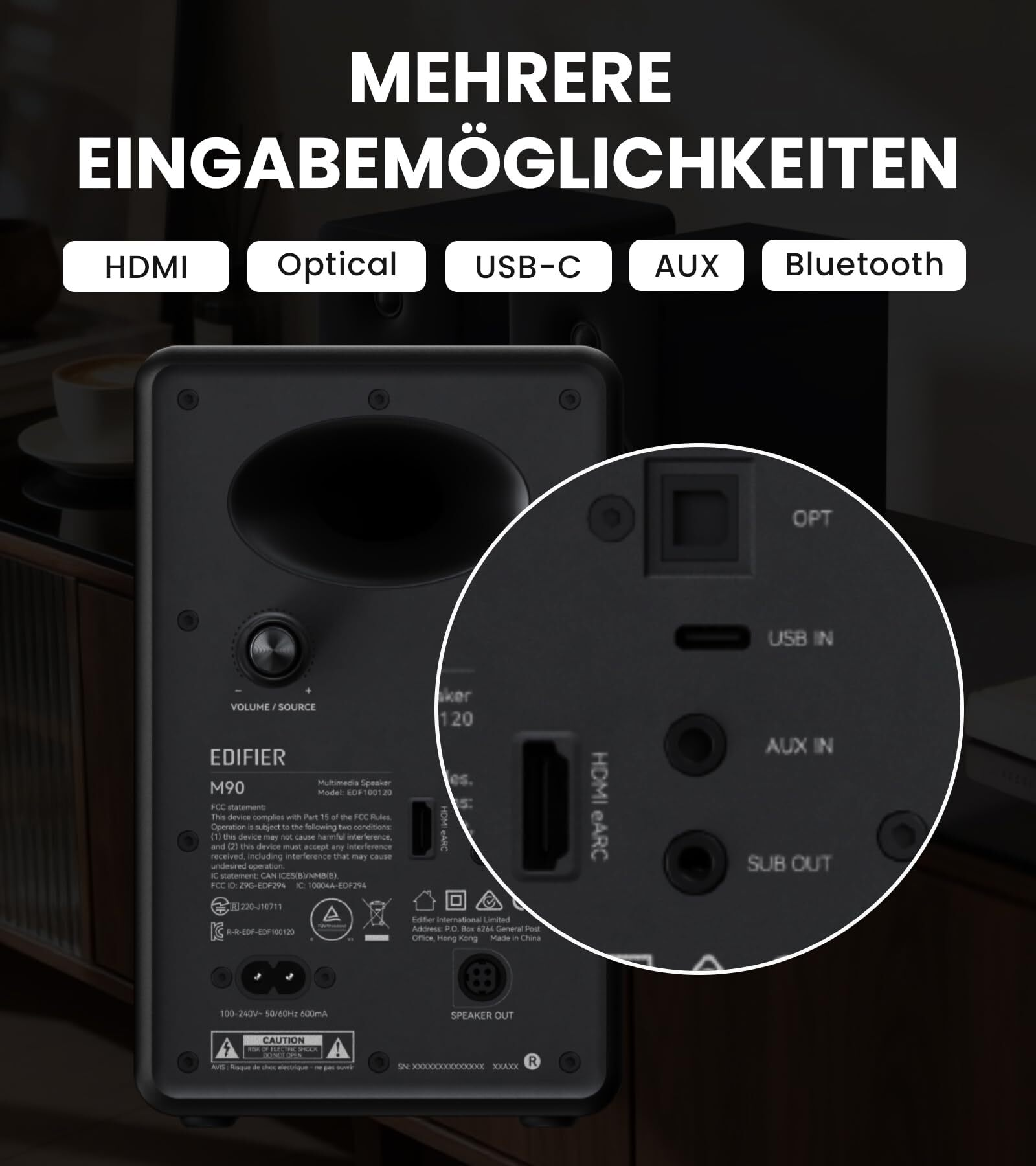 Rückseite eines schwarzen Lautsprechers mit Anschlüssen: OPT, USB IN, AUX IN, SUB OUT, HDMI ARC.