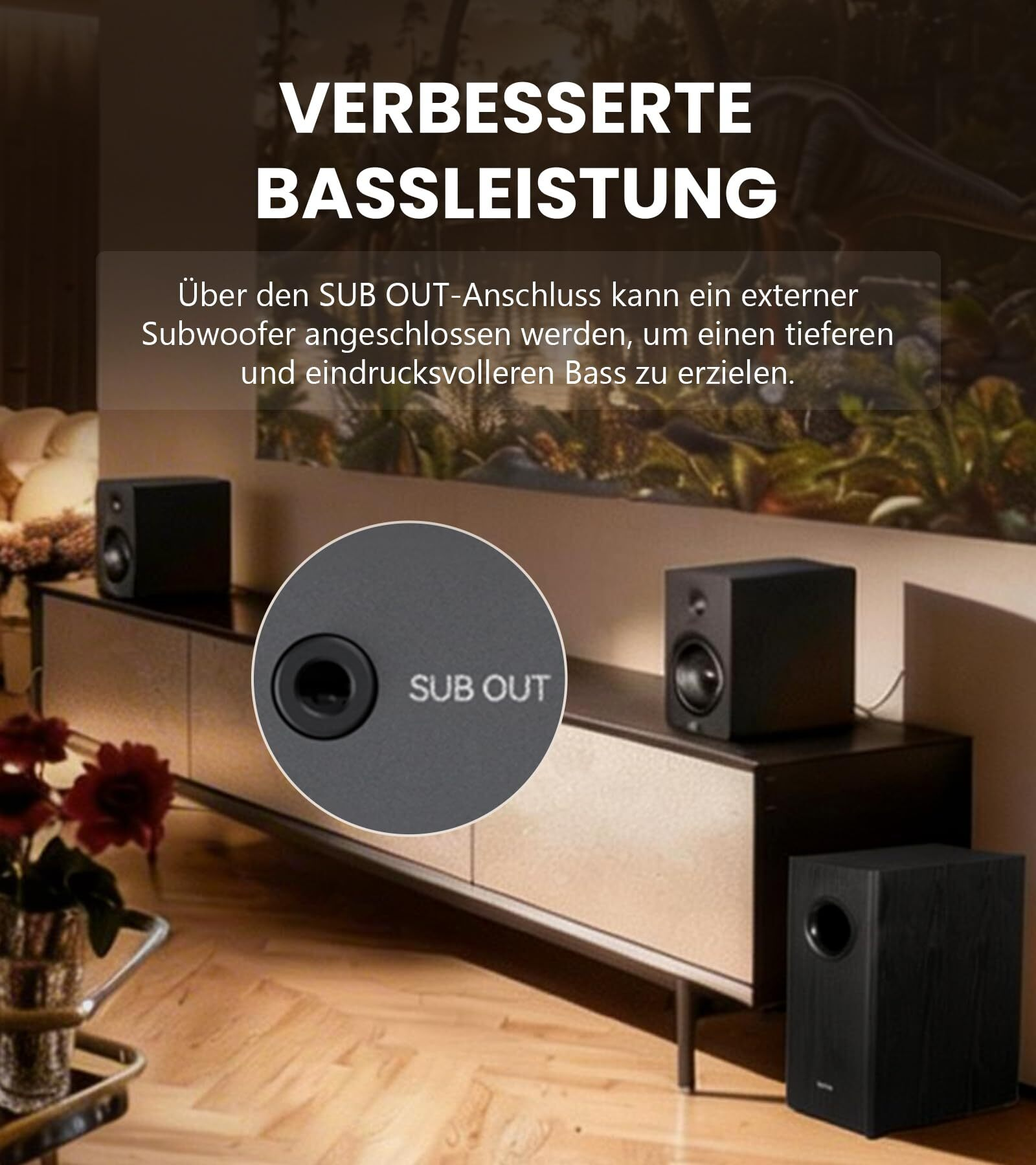 Stereolautsprecher auf einem Sideboard, mit Fokus auf dem SUB OUT Anschluss.