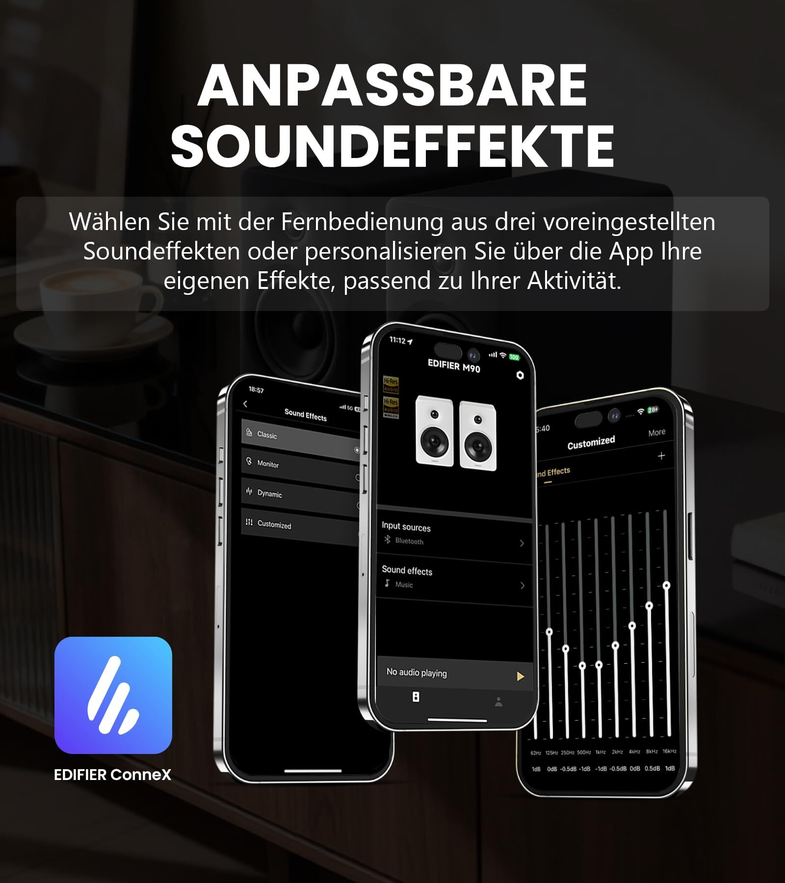 Drei Smartphones zeigen Sound-Effekt-Einstellungen und Lautsprecher.