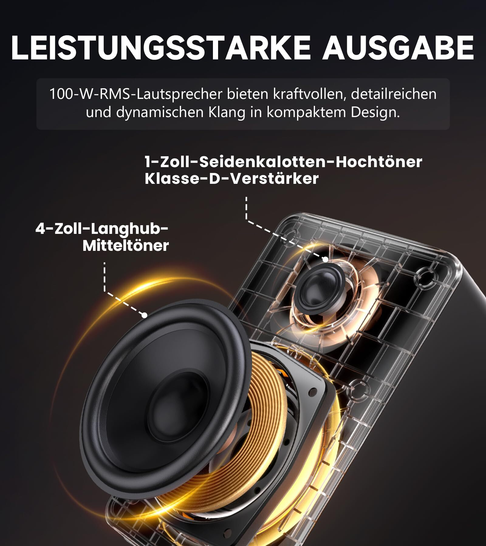 Detailansicht eines Lautsprechers mit 4-Zoll-Mitteltöner und 1-Zoll-Hochtöner.