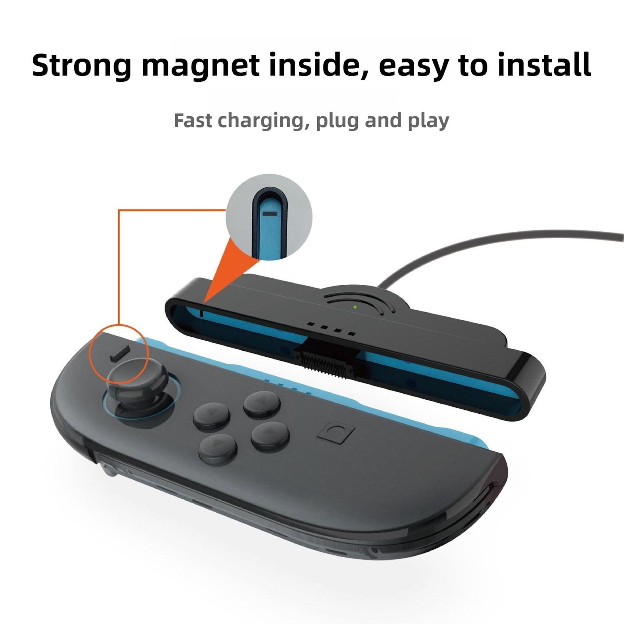 Schwarzer Gamecontroller und Ladestation mit blauen Akzenten. Magnetische Verbindung gezeigt.