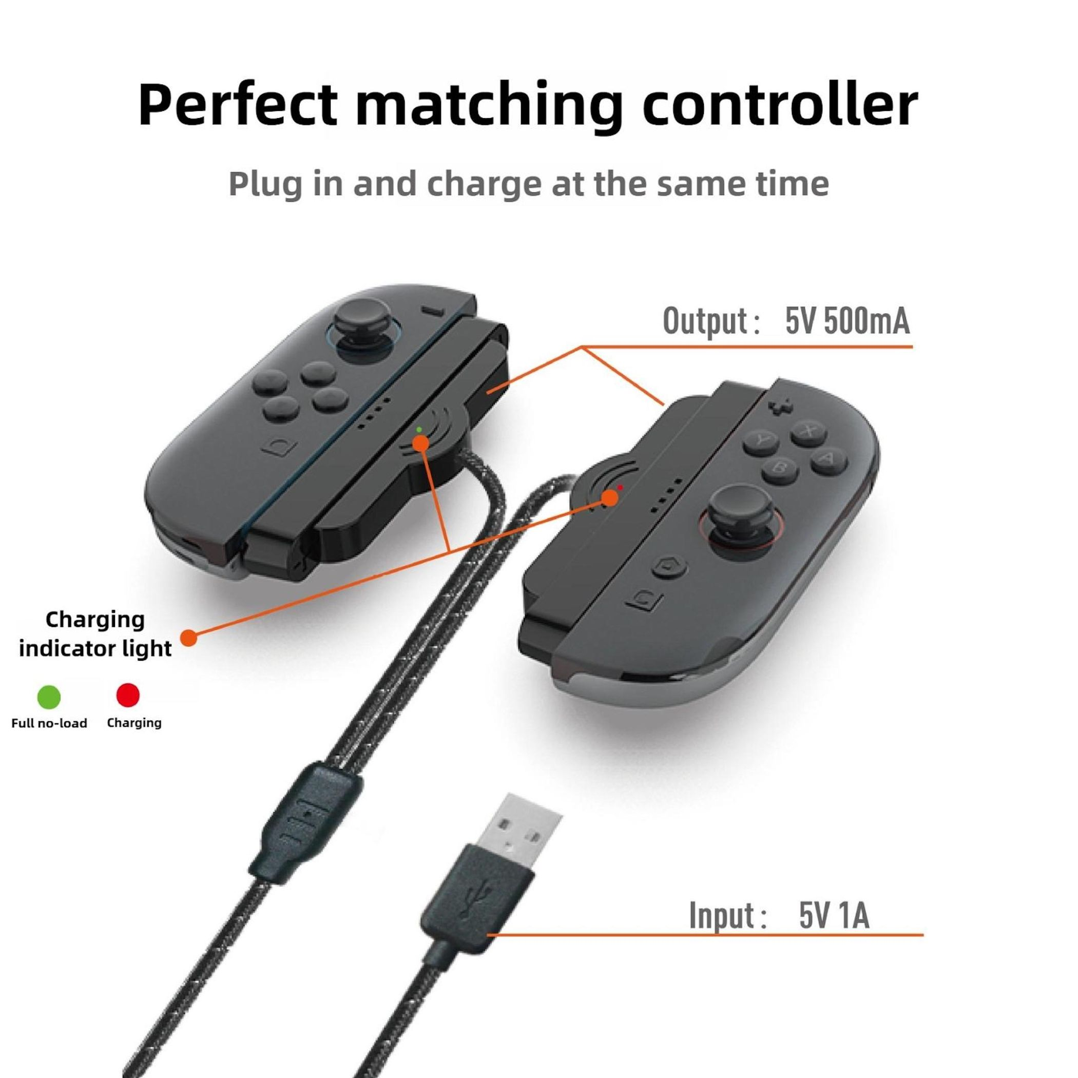 Schwarzer Controller mit USB-Kabel, Ladeanzeige und Leistungsspezifikationen.