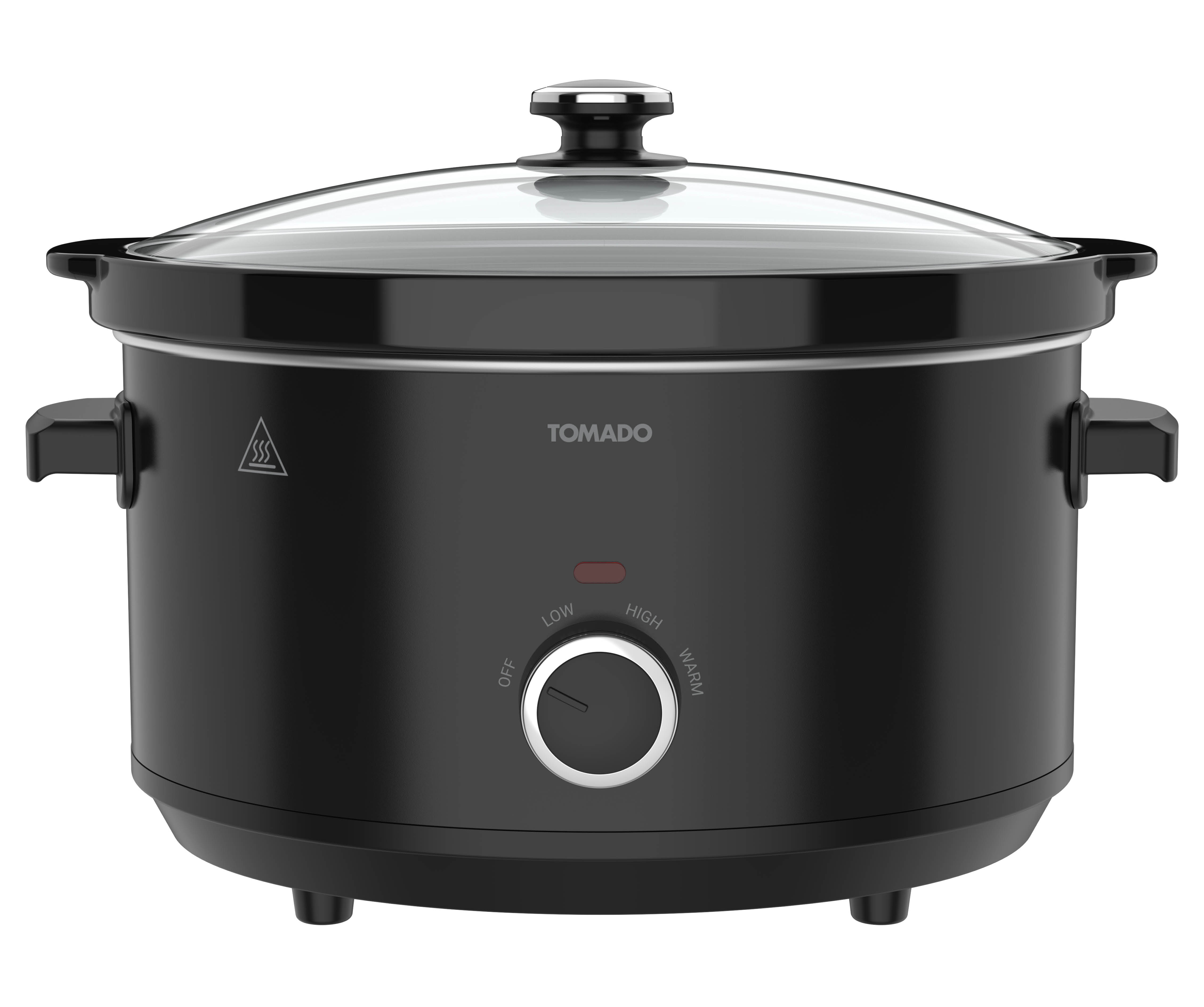 Black Tomado slow cooker with glass lid and dial for settings.