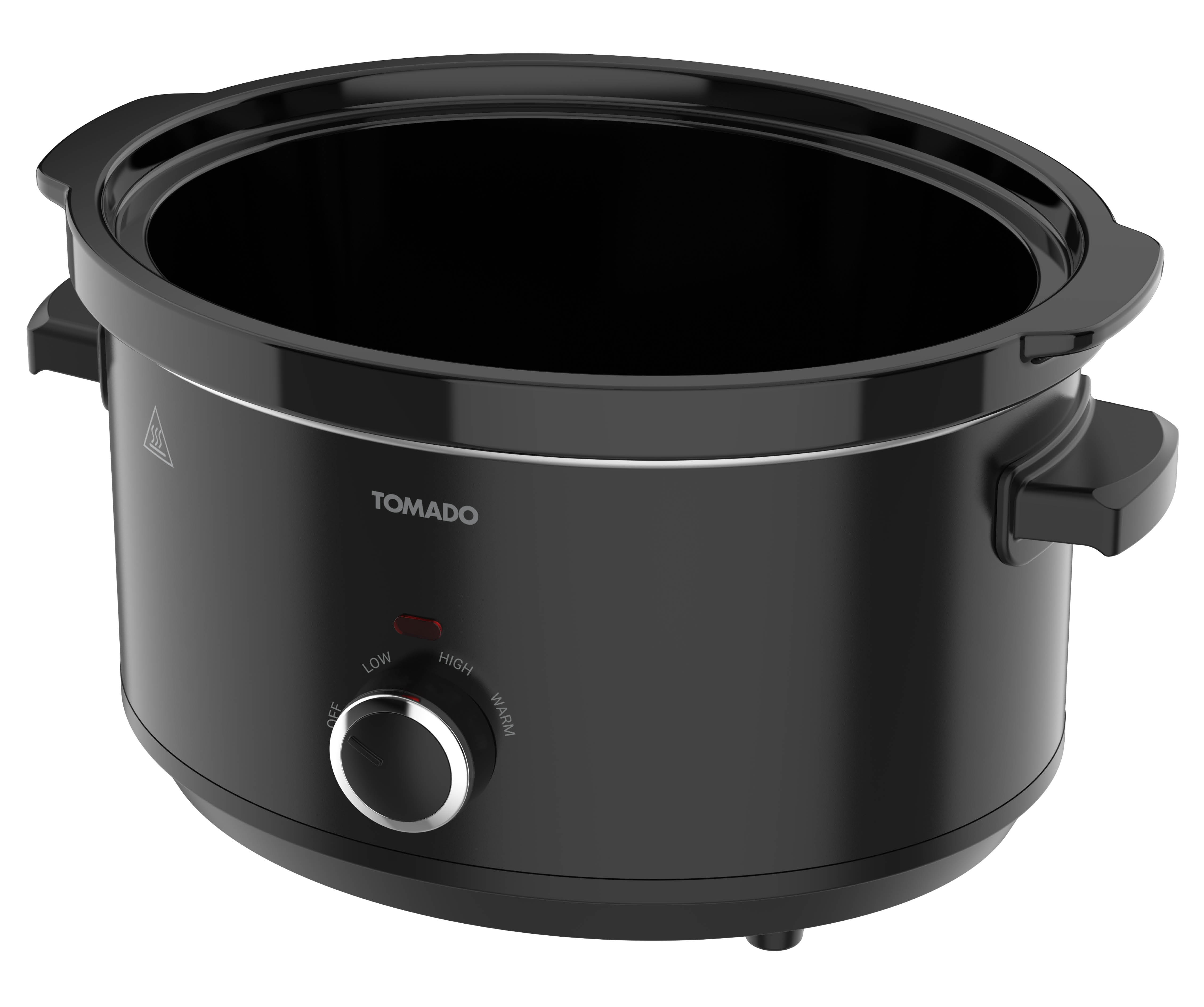 Black slow cooker with silver dial for settings OFF, LOW, HIGH, and WARM.