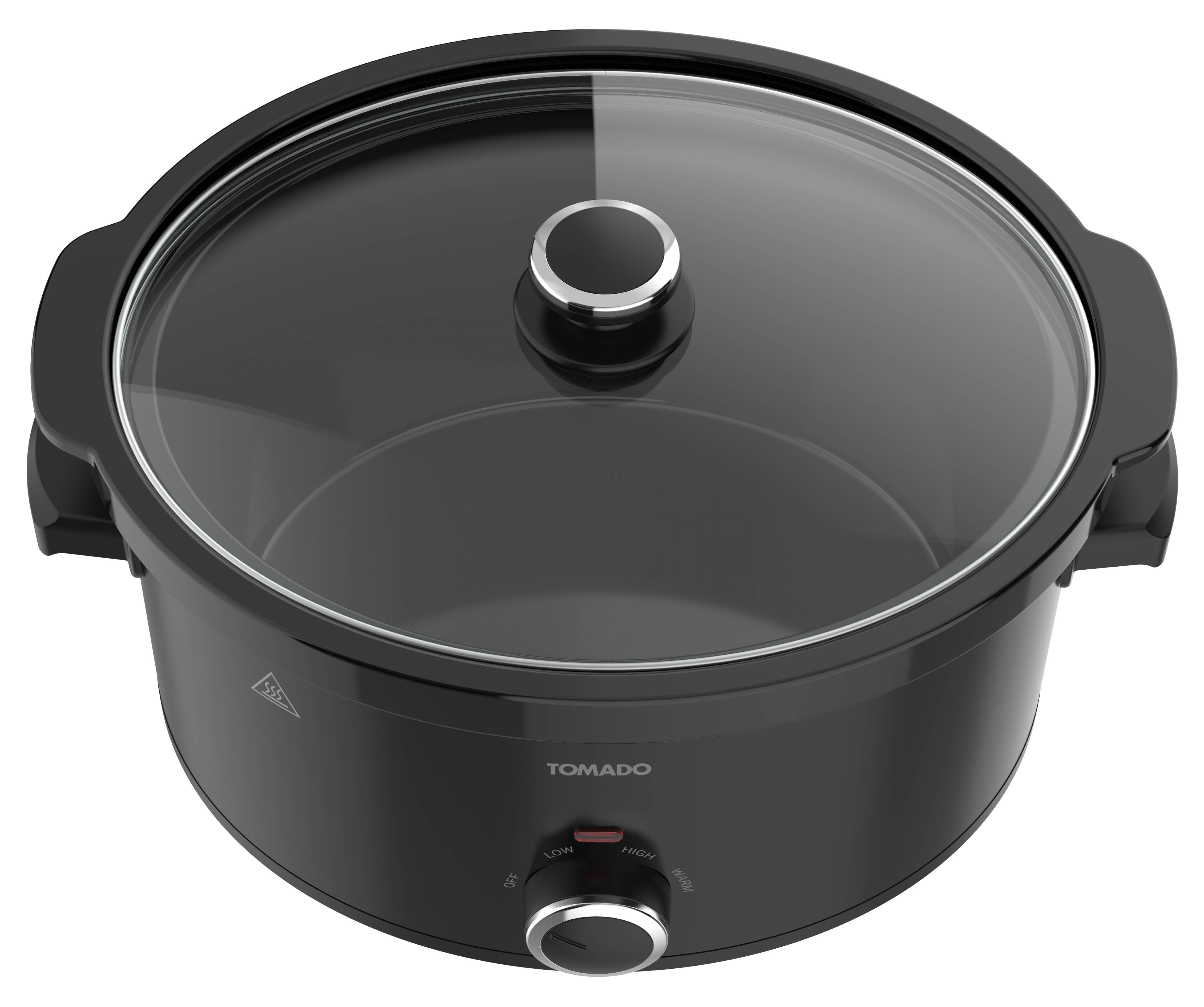Black slow cooker with glass lid and silver handle.