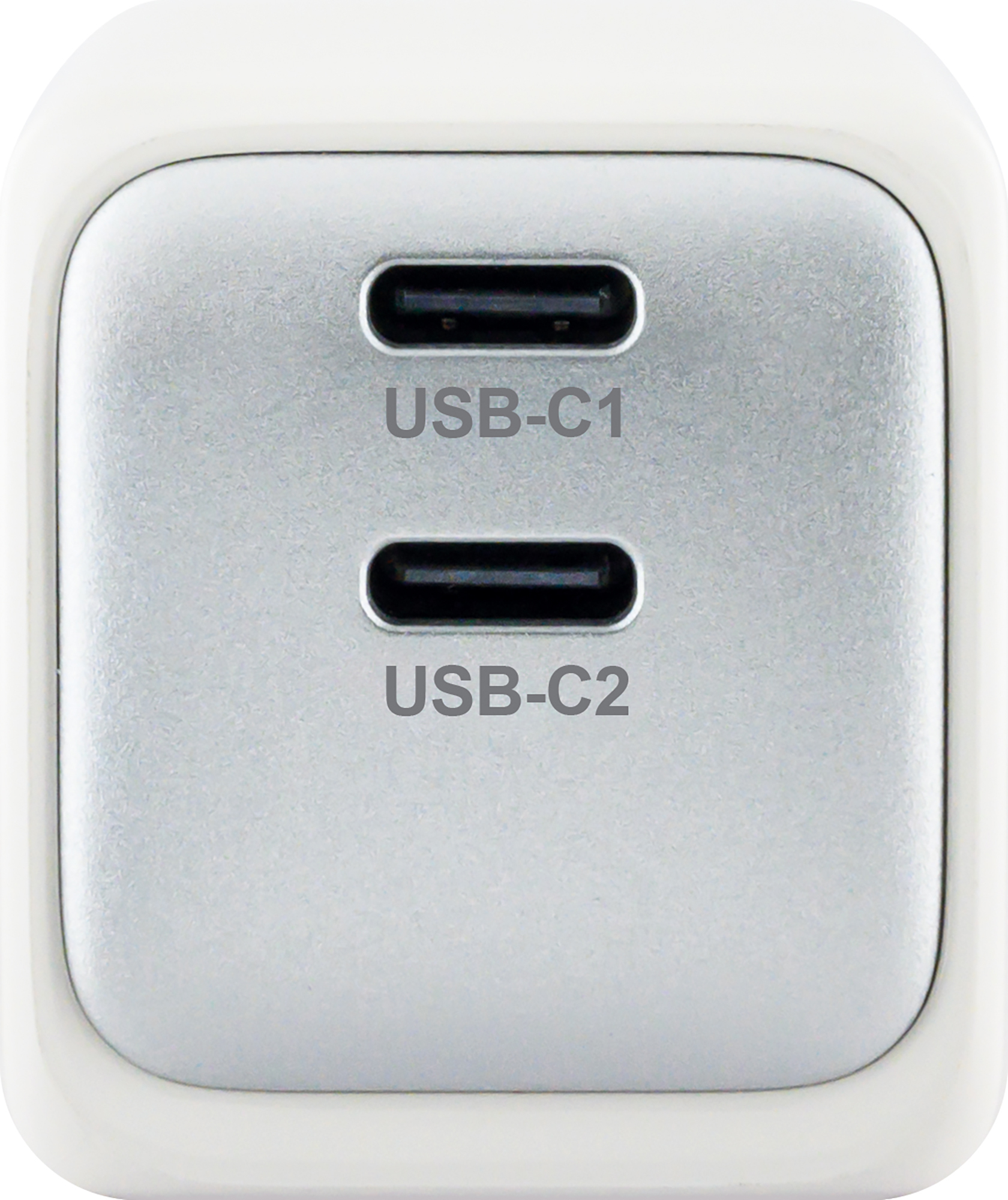Ein weißes Ladegerät mit zwei USB-C-Anschlüssen, beschriftet mit USB-C1 und USB-C2.