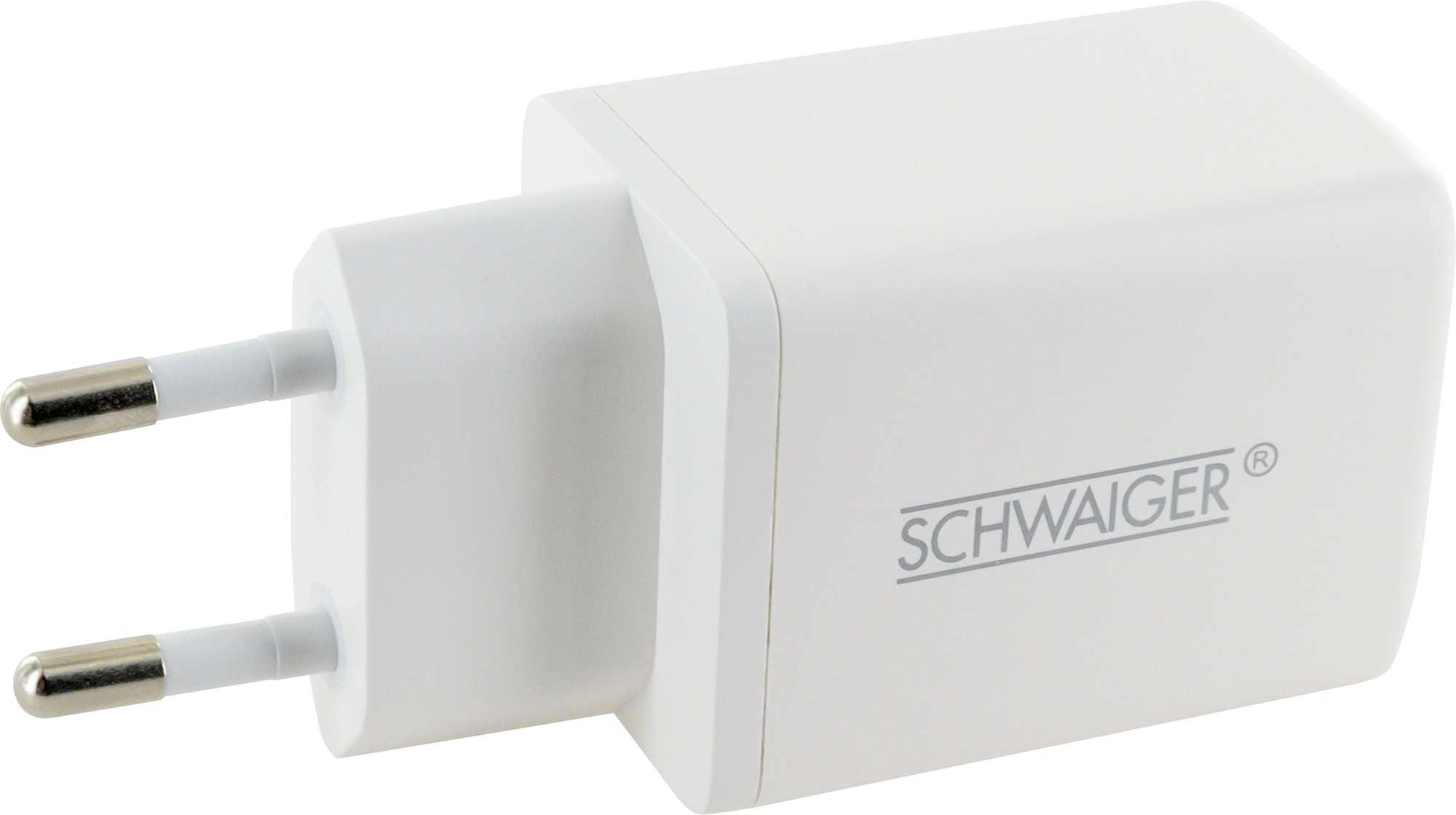 Ein weißer Netzsteckeradapter mit silbernen Metallstiften und dem Logo SCHWAIGER.