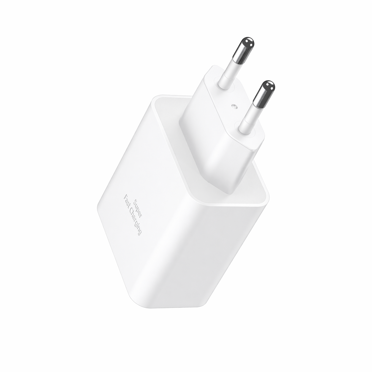 Ein weißes Ladegerät mit zwei silbernen Pins und der Aufschrift "Super Fast Charging".