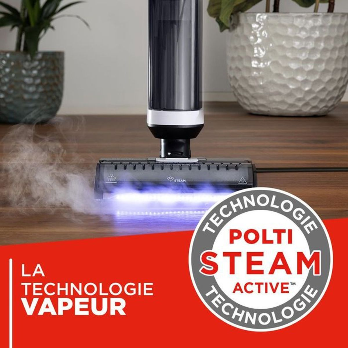 Cepillo de mopa a vapor con luz azul y vapor sobre suelo de madera.