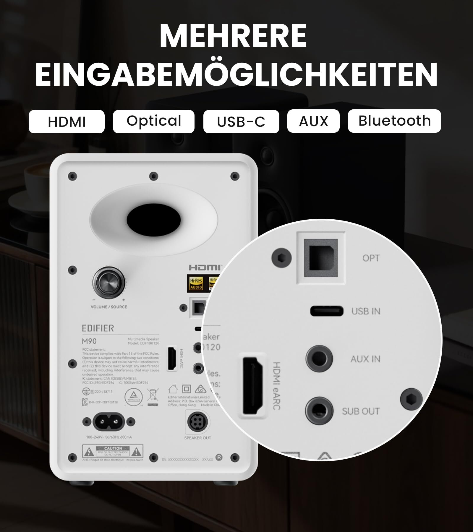 Rückseite eines weißen Lautsprechers mit Anschlüssen: OPT, USB IN, AUX IN, SUB OUT, HDMI eARC.