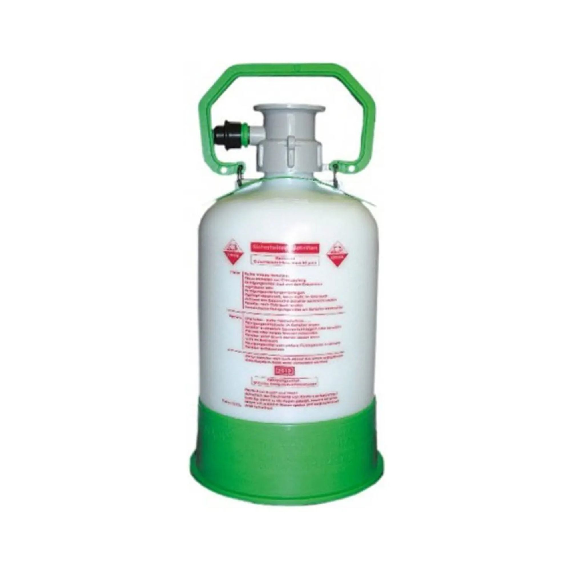 Un contenitore bianco con manico e base verdi, con etichette.