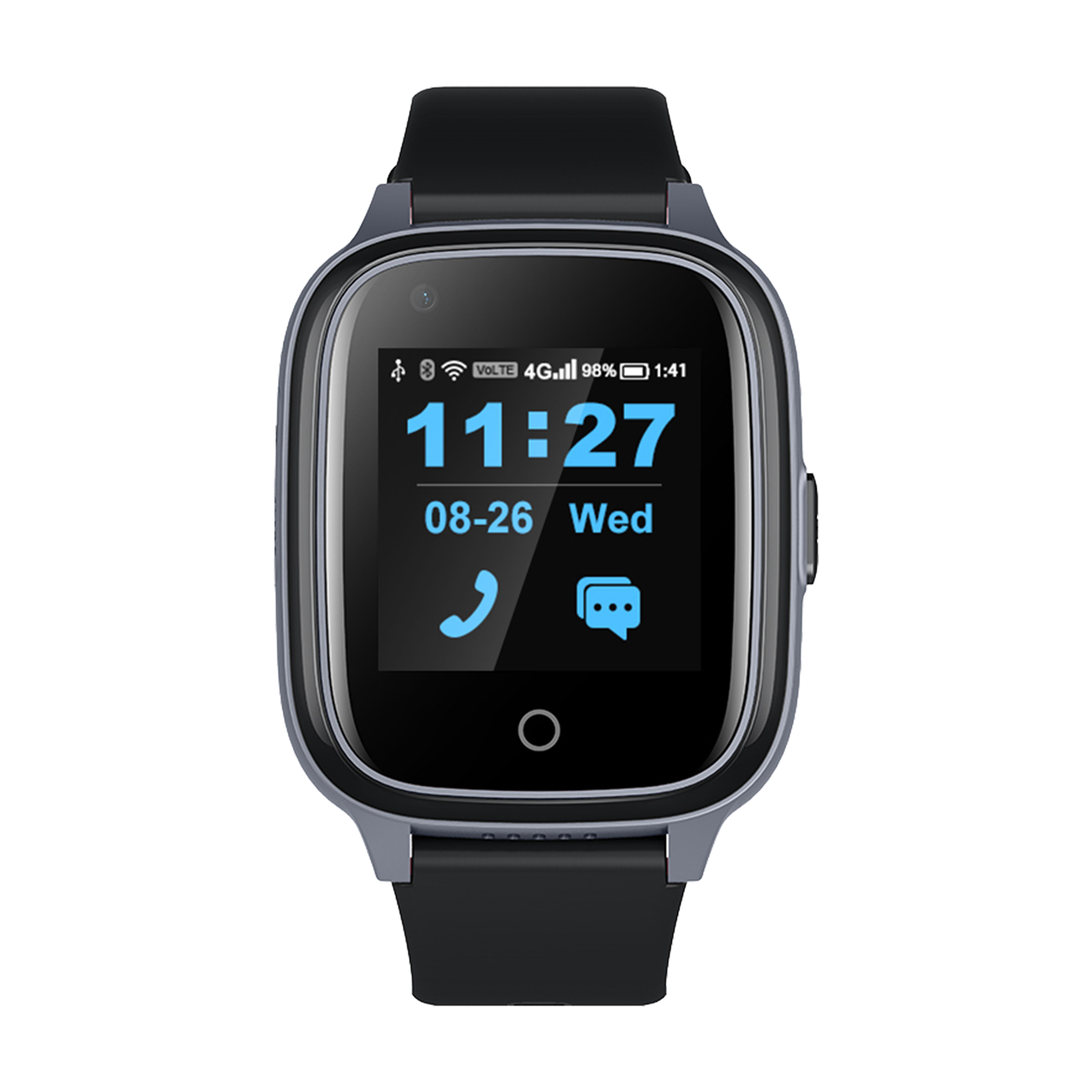 Graue Smartwatch mit schwarzem Armband und blauem Zifferblatt, zeigt 11:27 an.