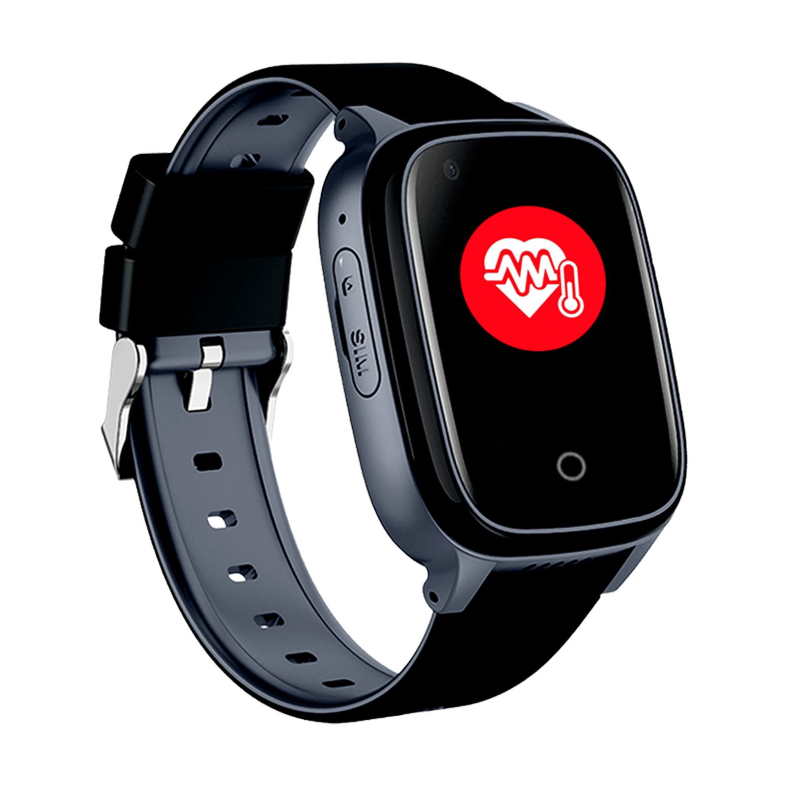 Eine dunkle Smartwatch mit einem roten Kreis und einem weißen Herzschlag- und Thermometer-Symbol.