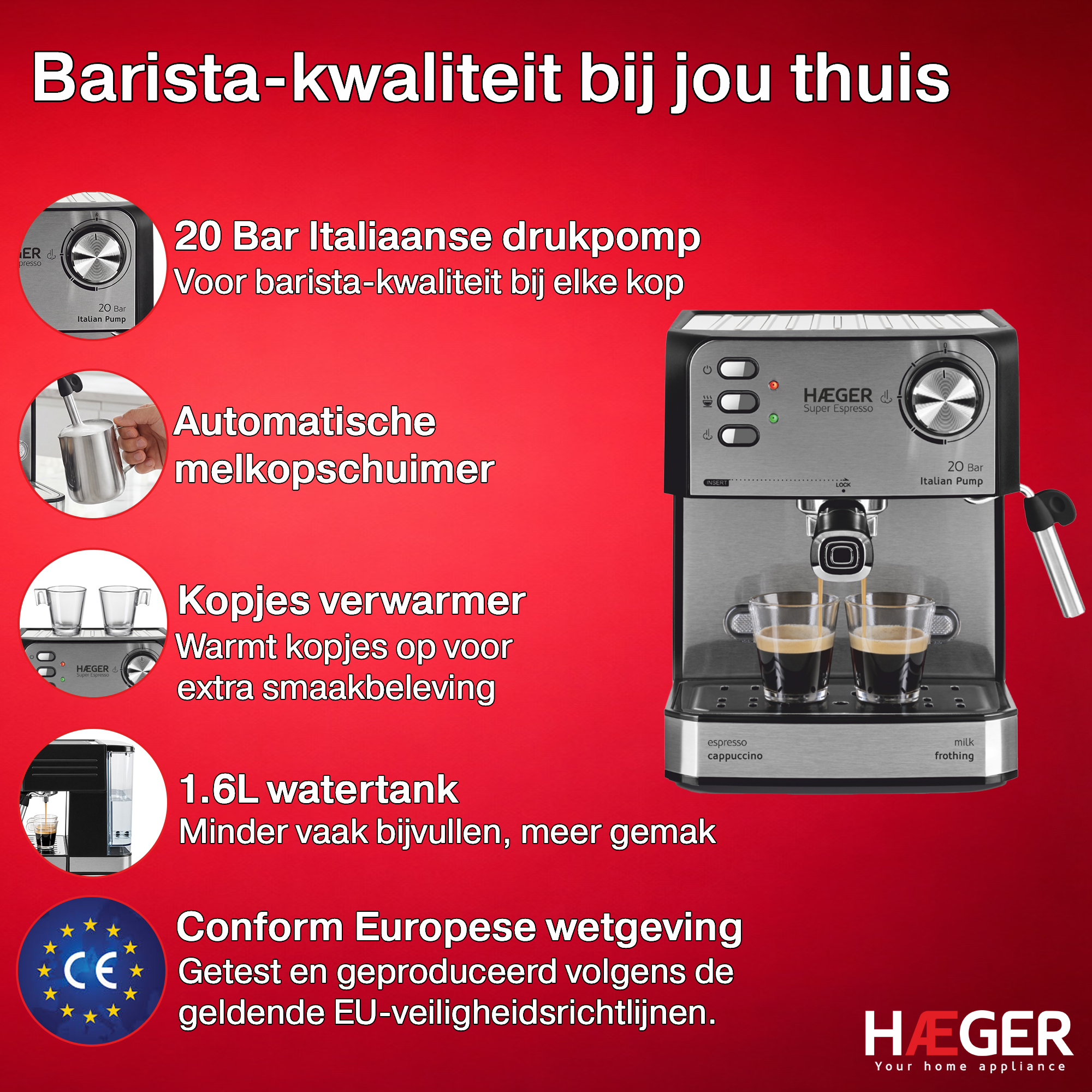 Espresso machine with 20 bar, milk frother, cup warmer, and 1.6L water tank.
