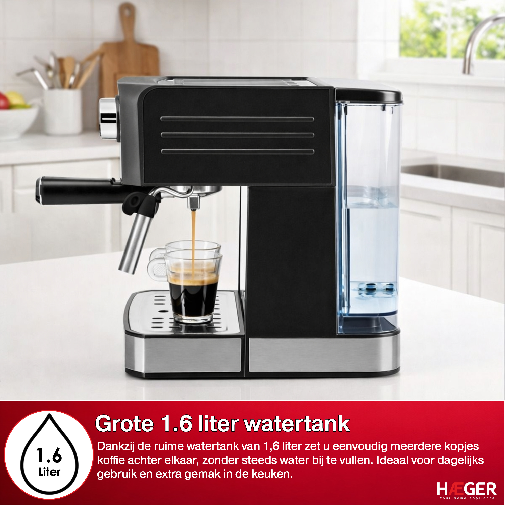 A black espresso machine brews coffee into a glass cup, with a water tank.