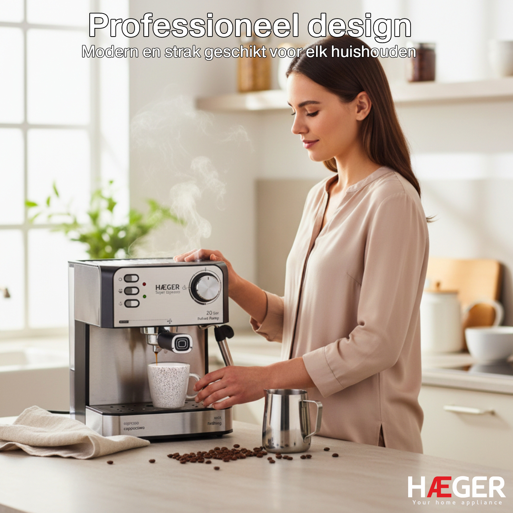 A woman makes coffee with an espresso machine, steam rising.
