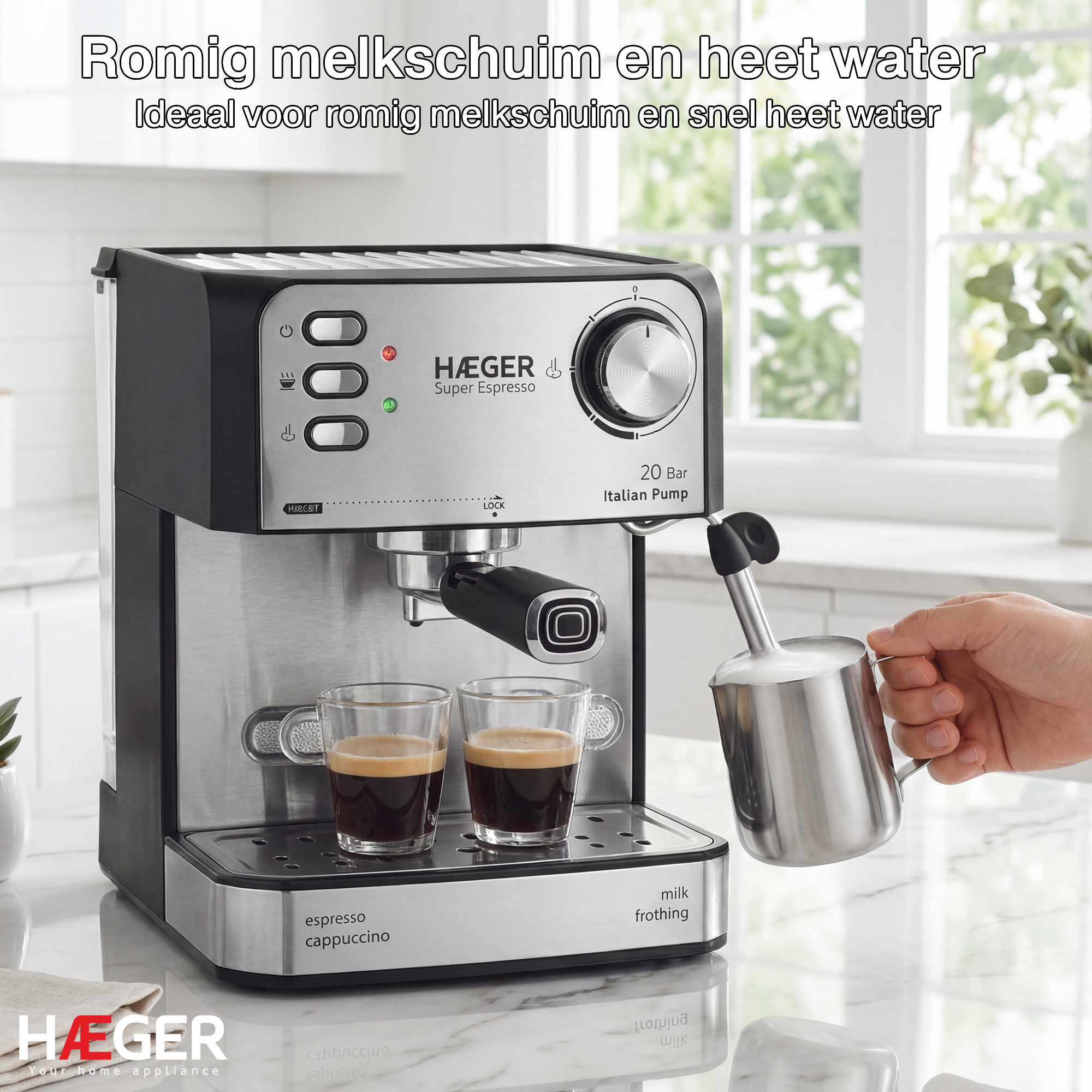 A silver espresso machine with two cups of espresso and a milk frother.