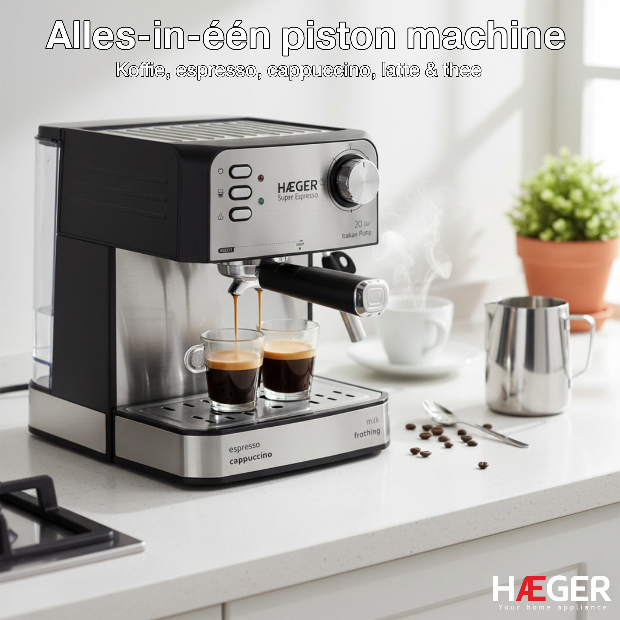 A silver and black espresso machine brewing coffee into two small glasses.