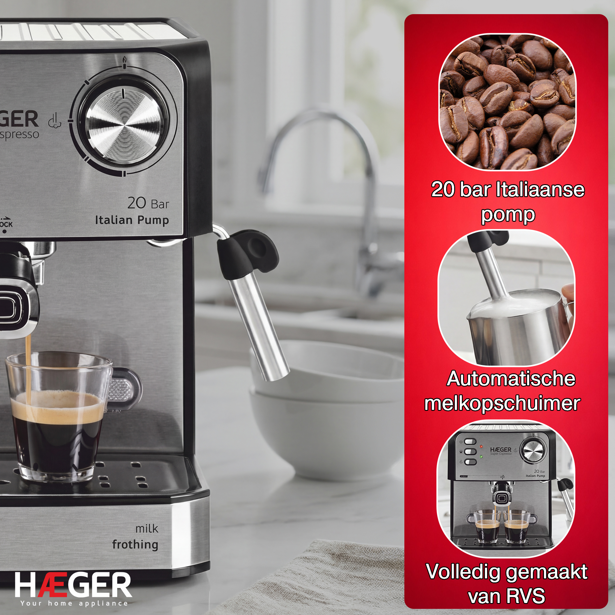 Espresso machine with portafilter and milk jug, next to coffee beans.
