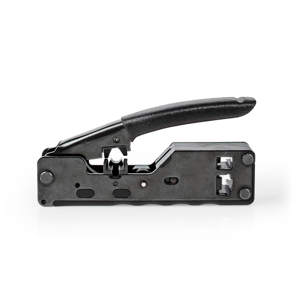 A black crimping tool with a black handle, isolated on a white background.