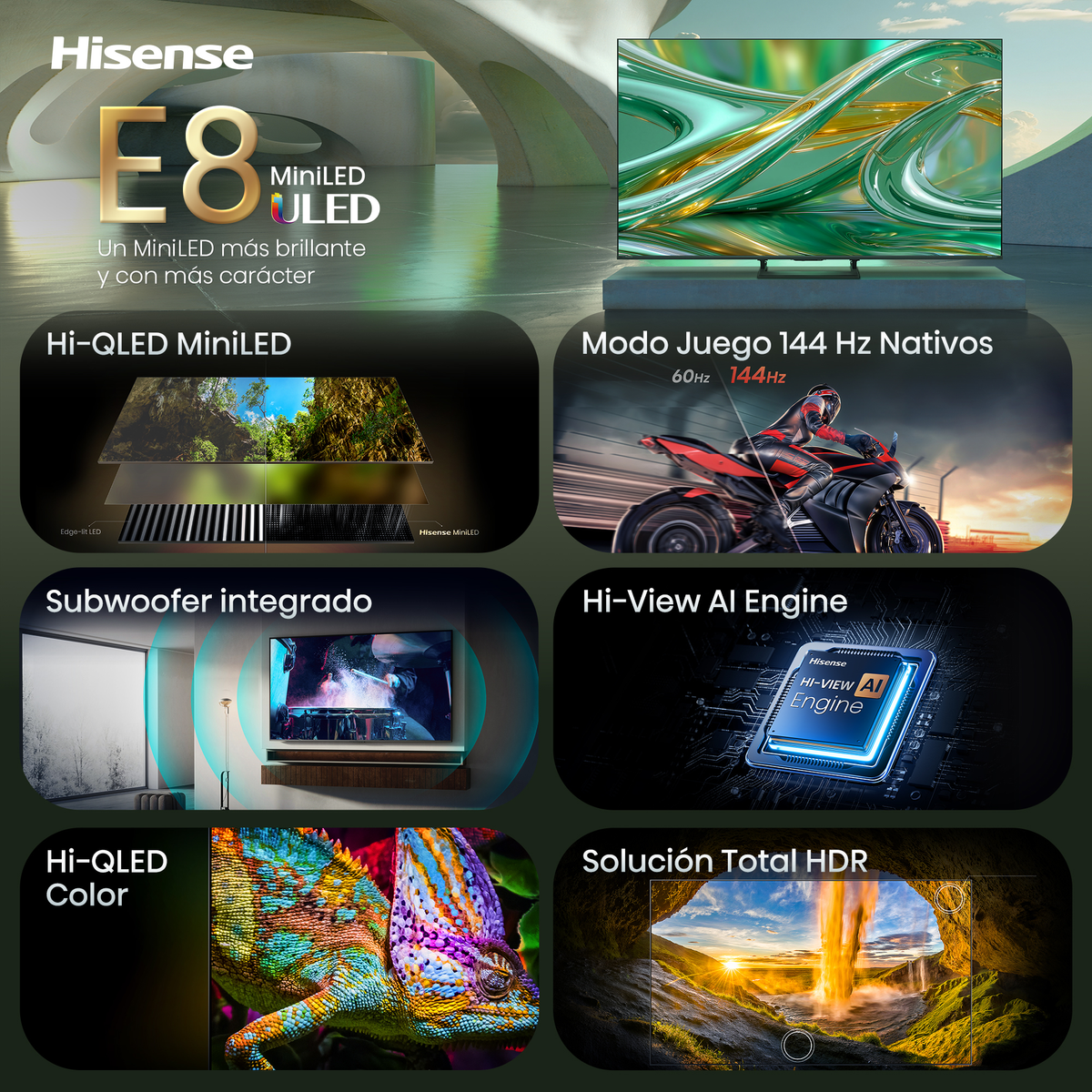 TV Hisense E8 MiniLED: Hi-QLED, gaming 144Hz, subwoofer, AI Engine, HDR.