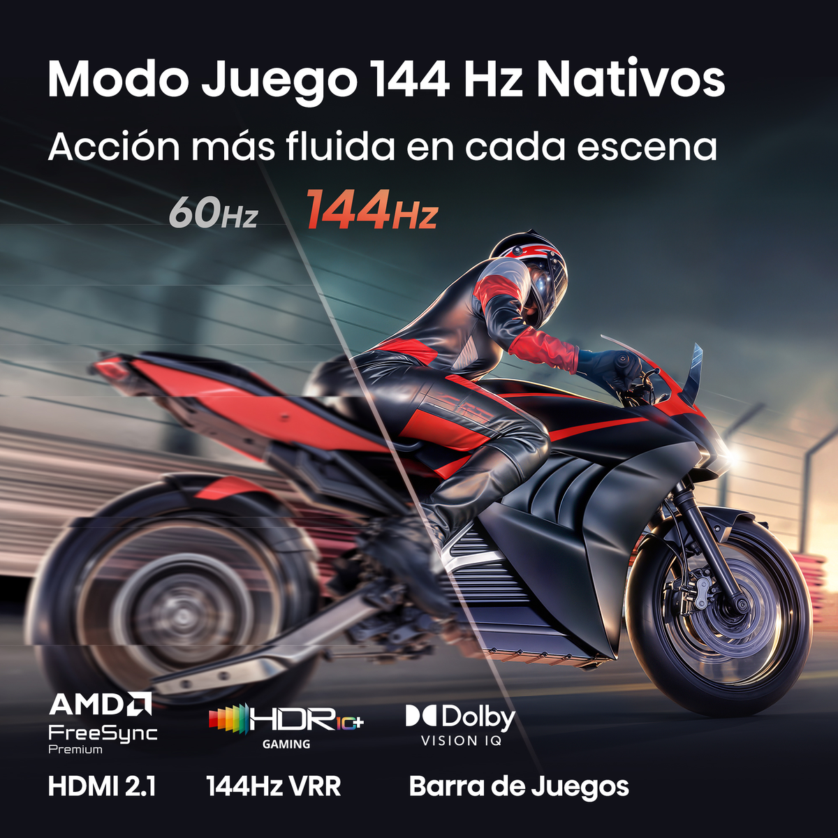 Piloto en negro y rojo conduce moto, pantalla 144Hz con funciones de juego.