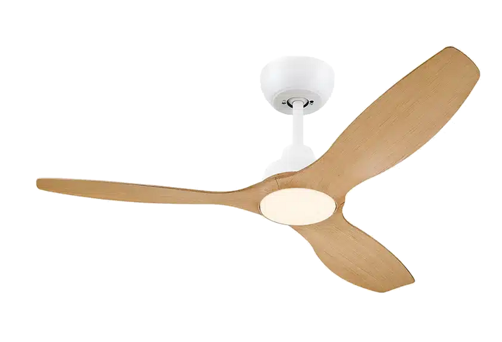 Un ventilador de techo blanco con tres aspas de madera clara y luz central.