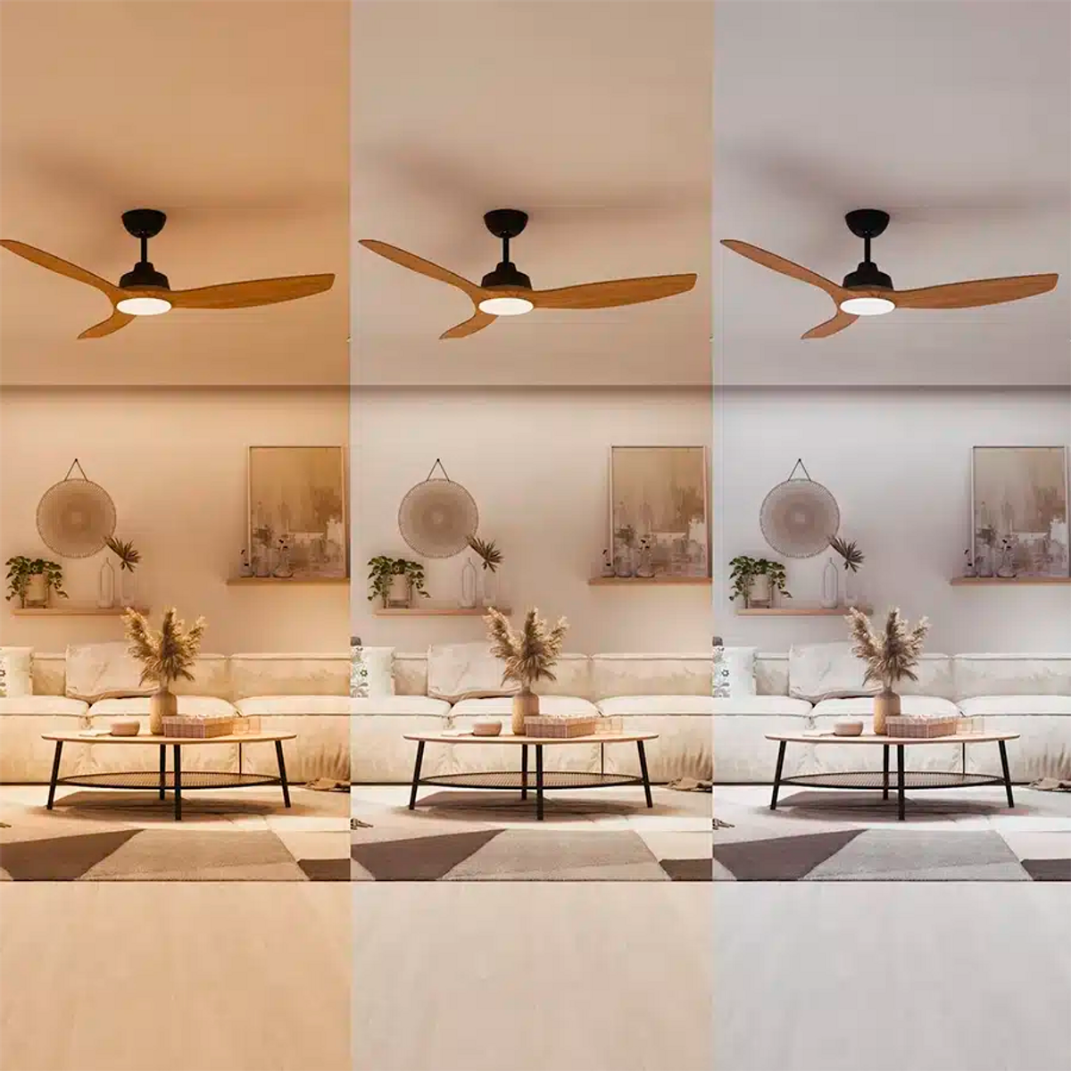 Ventilador de techo con aspas de madera y luz sobre una sala de estar con sofá y mesa de centro.