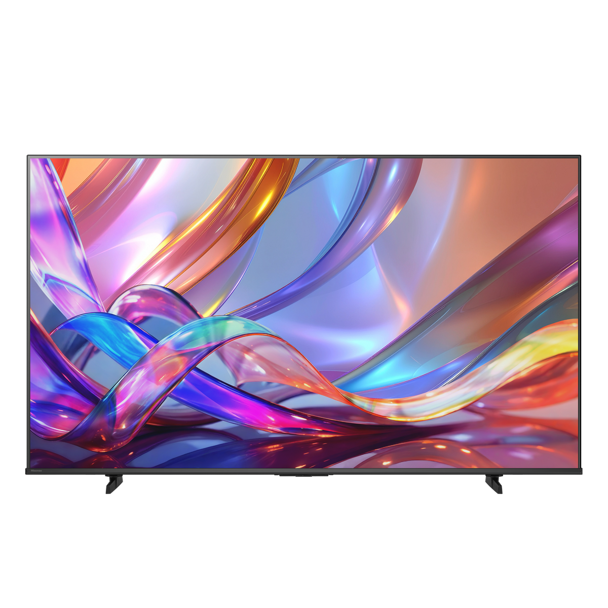 Une grande télévision à écran plat affiche des vagues abstraites colorées de bleu, violet, orange et jaune.