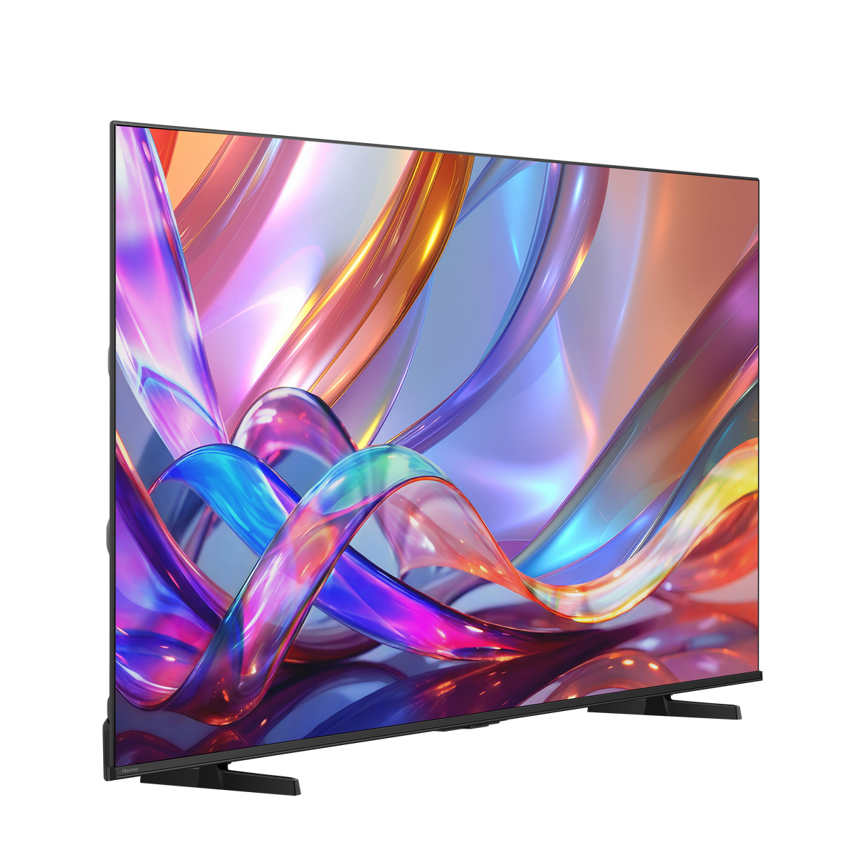 Une TV moderne affichant un économiseur d'écran abstrait et coloré. Fond noir.