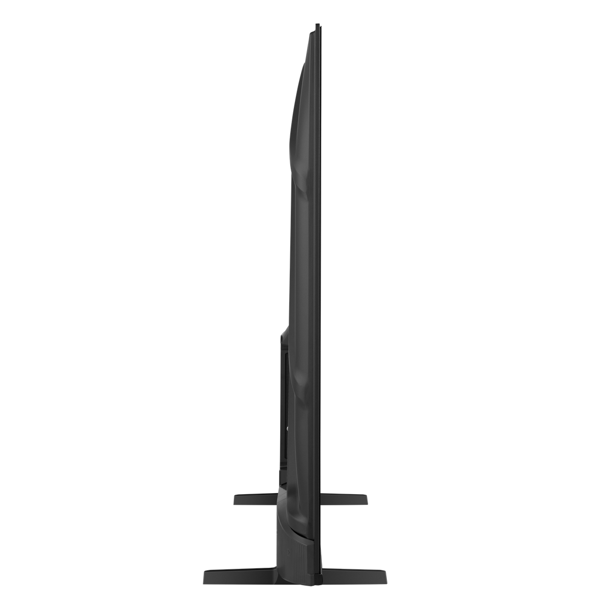 Un téléviseur noir avec pied, vu de côté.