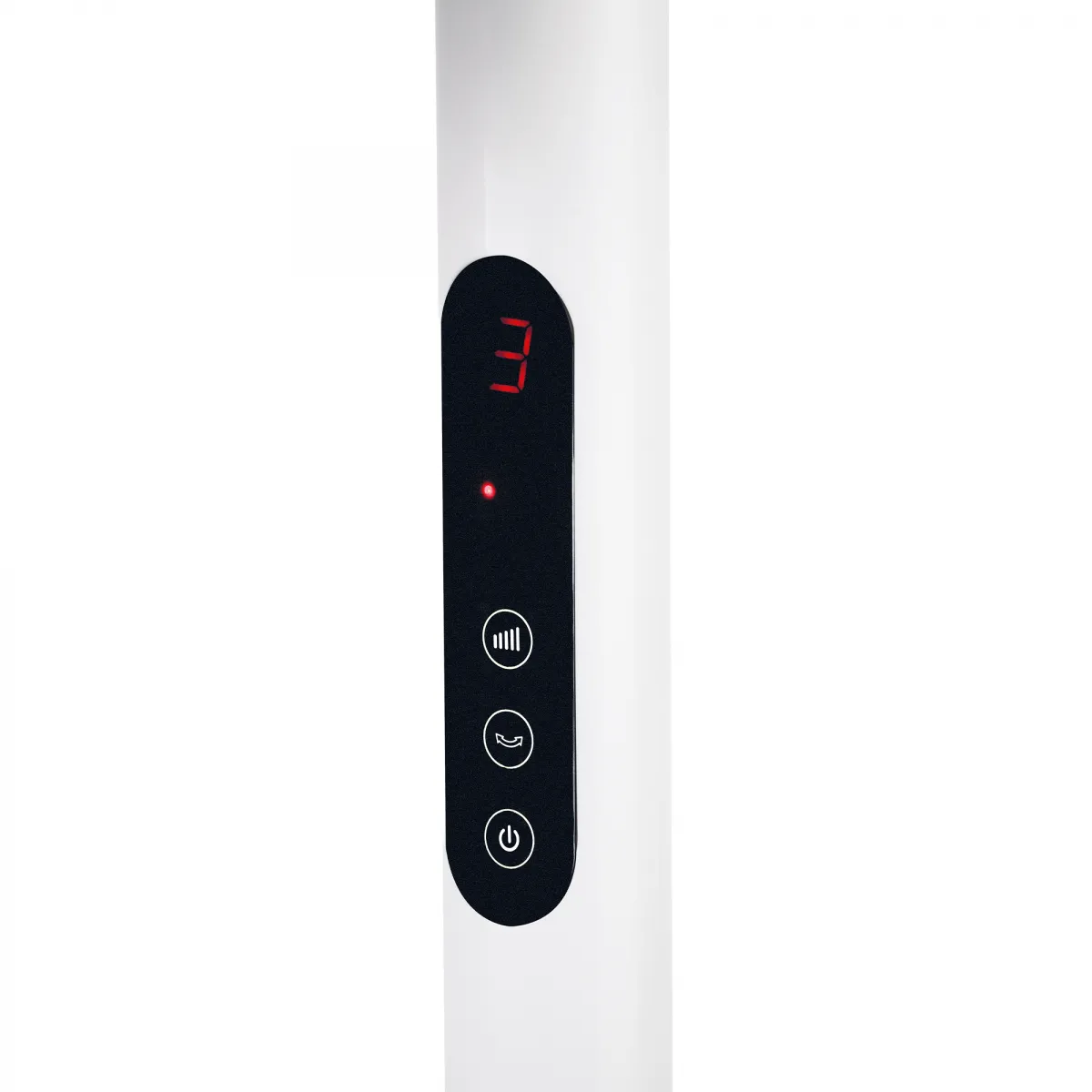 Un dispositivo blanco con panel de control negro que muestra dígitos rojos '3'.