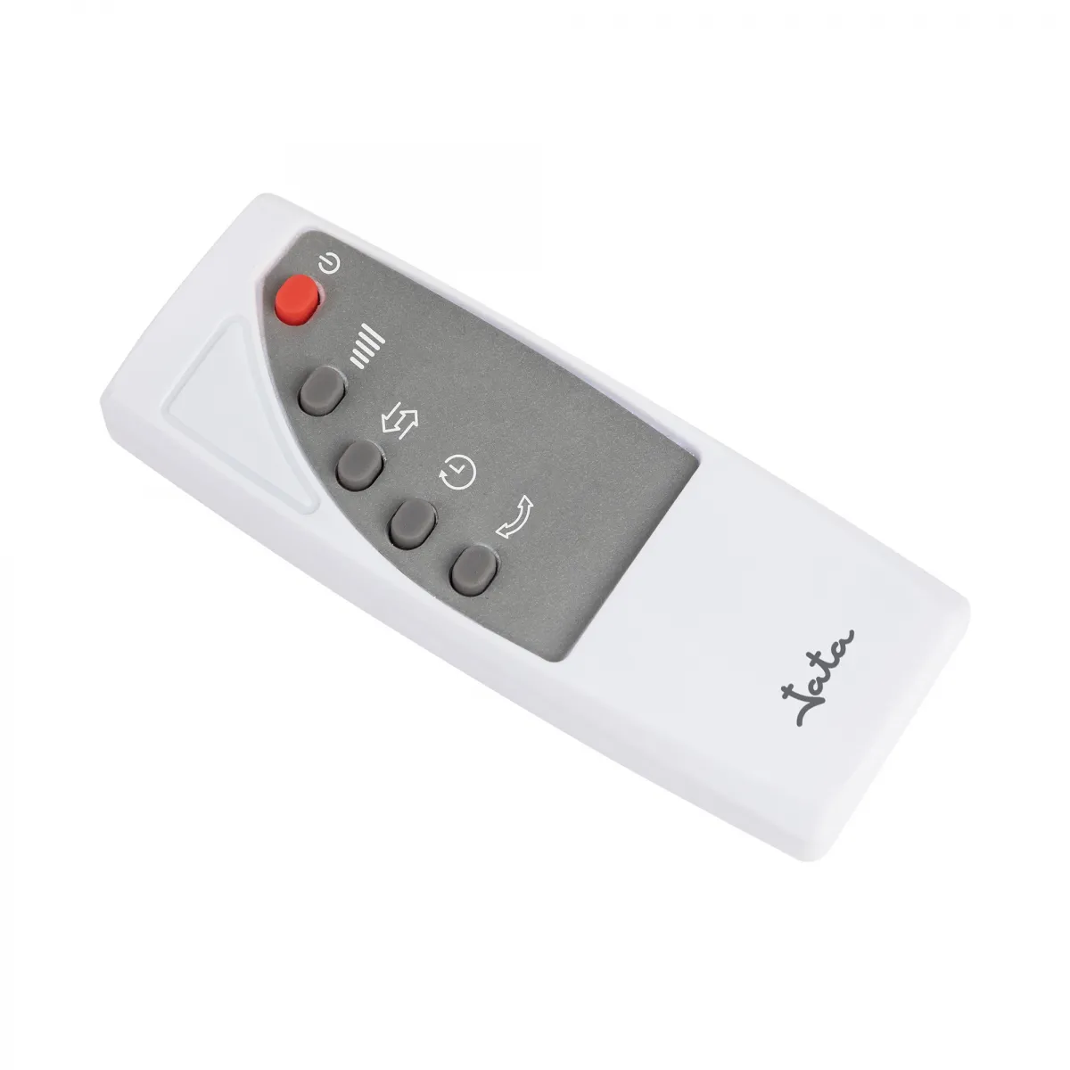Un mando a distancia blanco con botones. Un botón rojo en la parte superior.