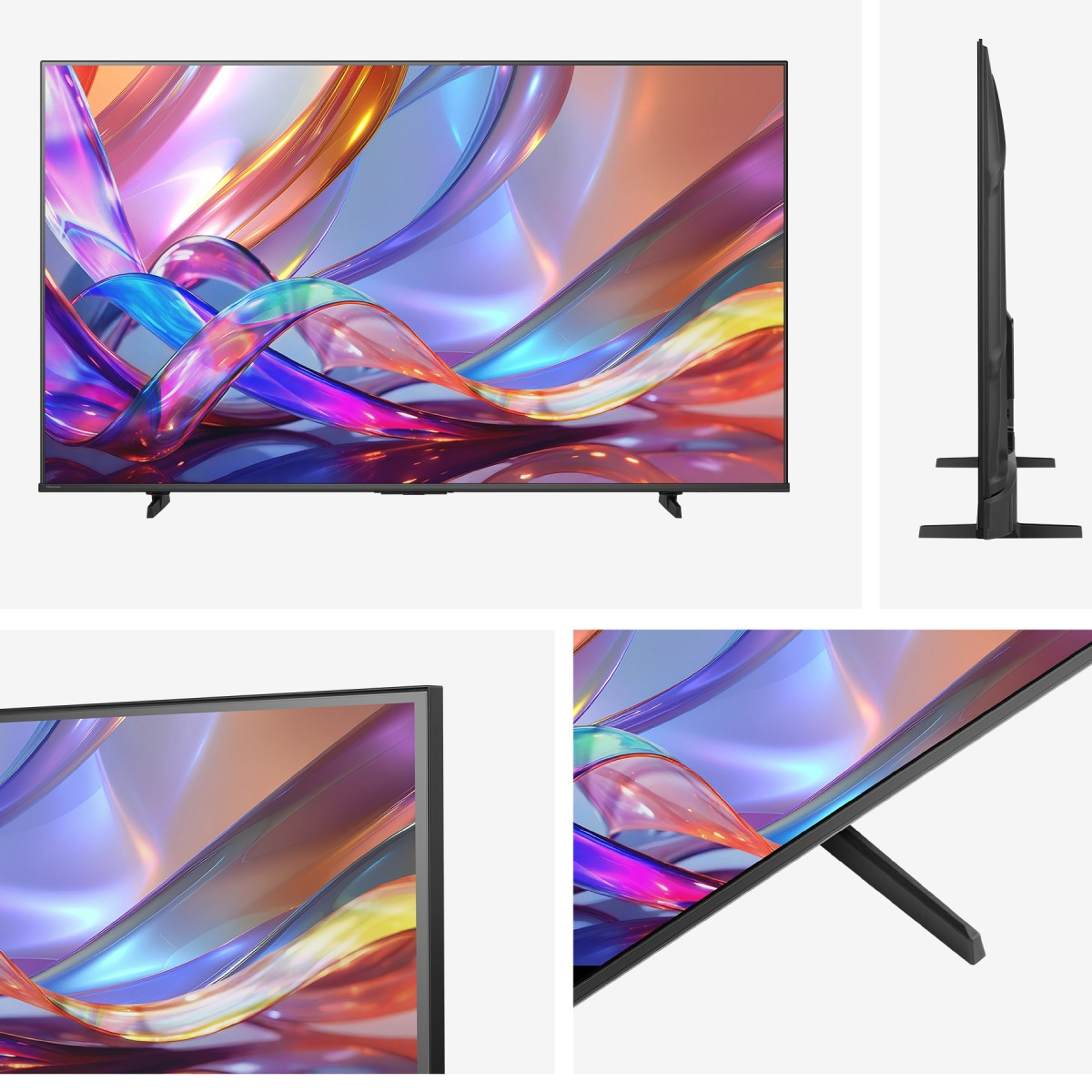 Un téléviseur moderne avec une image abstraite colorée, vue latérale et gros plan.