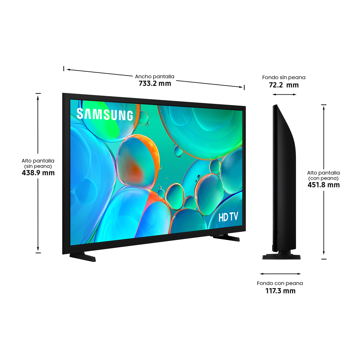 TV Samsung con dimensioni: larghezza 733,2mm, altezza 438,9mm (senza base), profondità 72,2mm.