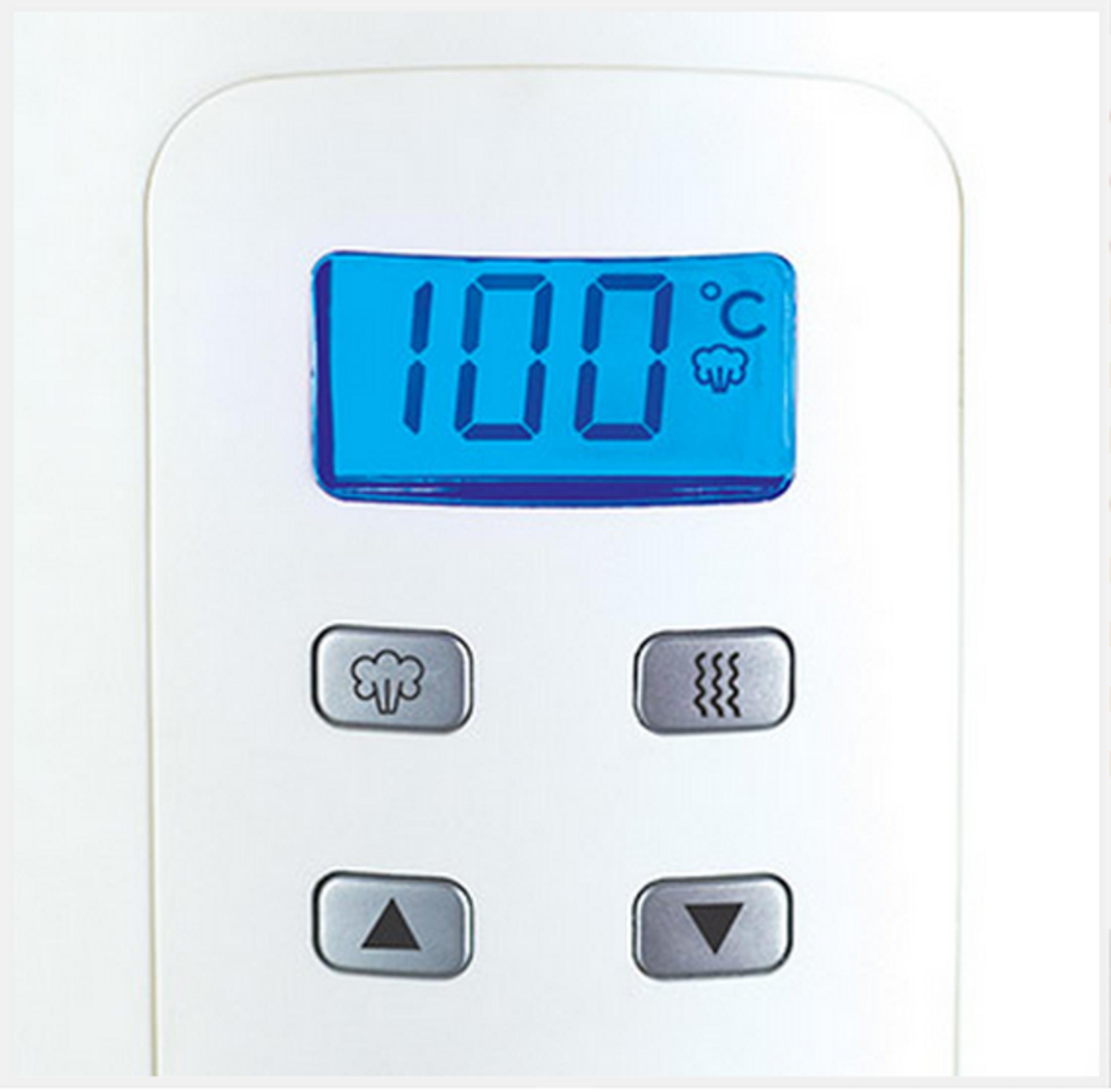 Digitalanzeige zeigt 100°C mit Dampf-/Wellen-Symbolen und Pfeiltasten.